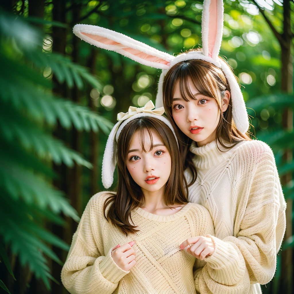 woman、( oversized _  wearing a sweater 、bunny_ear_ has :1.3)、Red bunny_ear、
Good move、4K、 high definition 、​masterpiece、 top quality 、頭w:1.3、(( Hasselblad Photo ))、 fine skin、 sharp concentration、( cinematic lighting)、 soft lighting 、dynamic ungle、[:( detailed face :1.2):0.2]、 medium breasts、((In the forest)))、