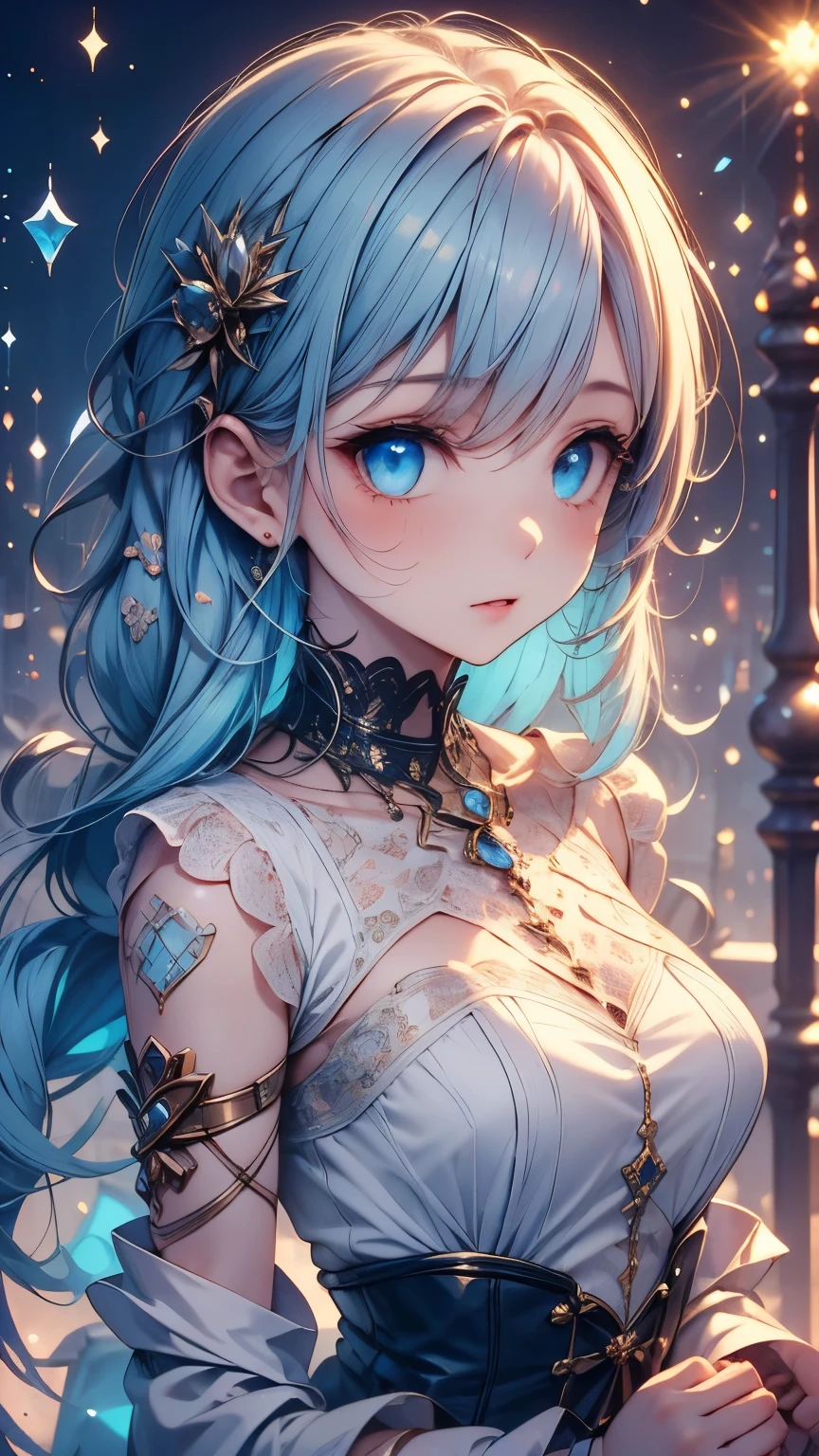 ((masterpiece)), ( top quality ), (  Details), ( 1 girl), (Internal Data Stream)  light blue gradation hair, Light blue sparkling eyes ,  straight hair that holds the top of clothes,  wearing a modern white shirt and black dress,  covered in data particles , Locked around the neck,Sister, Fantastic,胸, 