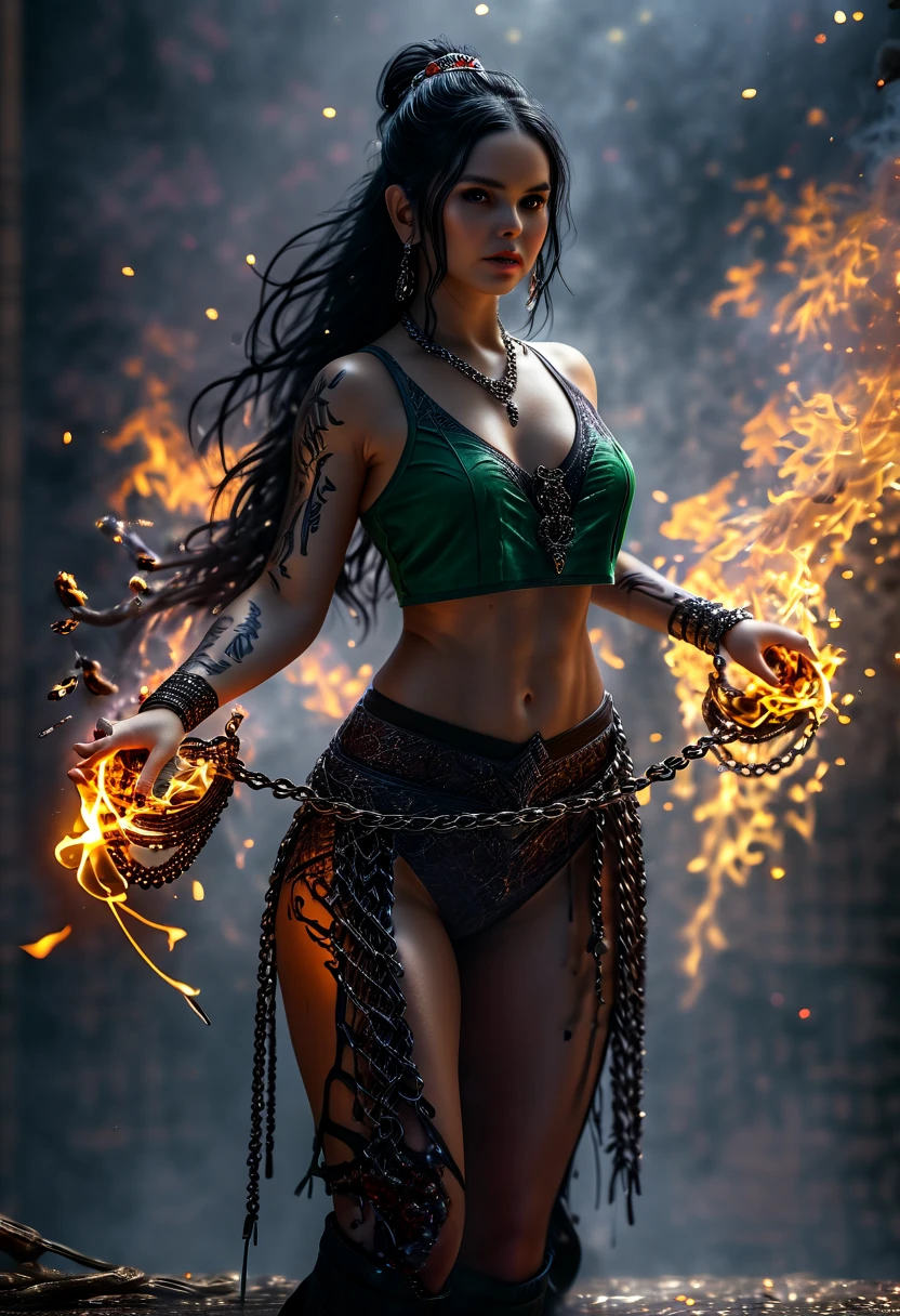 (best quality,4k,8k,highres,masterpiece:1.2),ultra-detailed,(realistic,photorealistic,photo-realistic:1.37), an Brazilian woman with long black hair:1.3 chained and wrapped in burning chains,view from below,illustration,metallic texture,demonic, wielding immense power,melting chains,scorching heat,rays of light piercing through the cracks,ominous shadows,exquisite detailing,steaming heat waves,smoke rising,,fireworks-like sparks,dramatic composition,dark fantasy,emerald flames,burning tattoos,fiery destruction,apocalyptic scene,crumbling ruins,distant flames,molten lava, masterpiece, best quality:1.2),,(8k,highres,RAW photo,realistic,photo-realistic:1.3),(detailed skin texture,detailed cloth texture,beautiful detailed face:1.25),professional lighting,photon mapping,beautiful soft light,radiosity,physically-based rendering,raytracing, model shoot style, model shoot style, (extremely detailed CG unity 8k wallpaper), full shot body photo of the most beautiful androgen.
