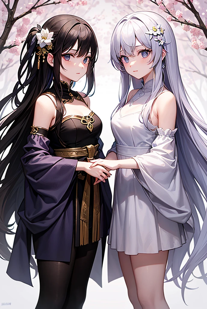 adesivo, fundo simples, portrait, 2 girls, couple, girl with long hair, beautiful capricorn girl, capricorn aesthetic, beautiful girl, very beautiful fantasy art, beautiful and elegant female capricorn, beautiful detailed fantasy, brown and grey color palate, grey color-theme