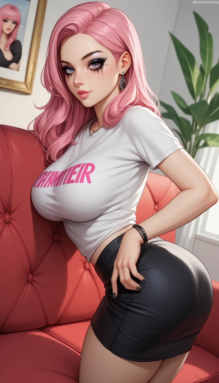 masterpiece, best quality, highly dramatic picture, beautiful eyes, cinematic lens effect, big beautifully shaped breasts , ultra cute, ultra sexy, ultra curvy, ultra bouncy, Dutch angle, horny , pervert, ((Supermodel)), ((Busty Bitches)), 1girl, ecchi, anime, cutesy, (sexy photoshoot), (pink hair with black streaks) ,  dramatic pose, black cute t-shirt, cute skirt, bending over couch, confident, jewellery , goth makeup, (nicely accentuated ass), 