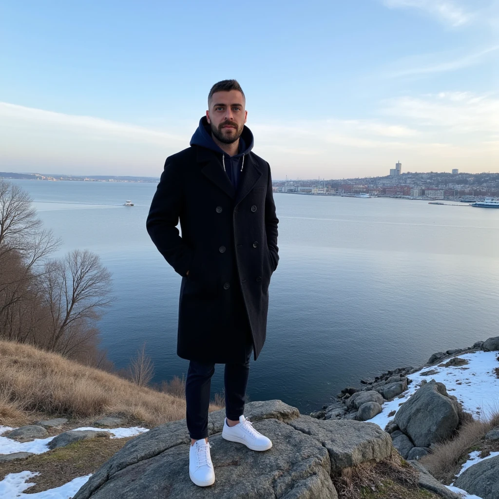 A young man have a light skin tone, a neatly trimmed beard and mustache, with short, dark hair styled short on the sides and longer on top. and a subtle, natural smile that suggests he is enjoying the moment, stands on a rugged cliff overlooking a tranquil bay in Stockholm, Sweden. The scene captures a crisp winter morning with icy blue skies streaked by soft, wispy clouds. The man wears a long black coat with neatly buttoned lapels and white sneakers. with a soft and casual fabric that appears cosy and well-fitted. The hood is pulled up to fully cover his head, framing his face gently and slightly overlapping the lapels of his long black coat. The distant cityscape across the bay glimmers with sunlight, showcasing a harmonious mix of modern towers and classic Nordic architecture. A solitary boat glides smoothly across the water, leaving a delicate wake. Bare, leafless trees and patches of moss on the rocky outcrop add an organic texture, enhancing the serene, introspective mood of the moment. (masterpiece), (best quality), (ultra-detailed background), detailed face, perfect composition, intricate details