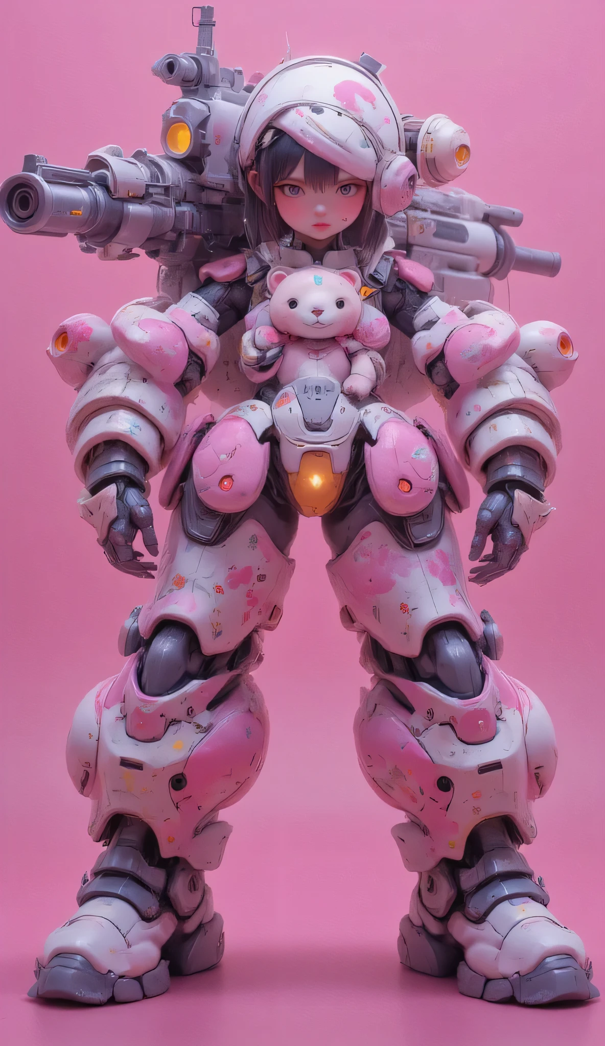 Cute girl robot holding a teddy bear. Colorful flower pattern on the body, equipped with a heavy beam gatling gun on the back, cute mood, joints and gaps glowing pink.. Hardcore machine. Latest animation style, cute pop music background, high brightness. Bright colors, pop music, relax. whole body