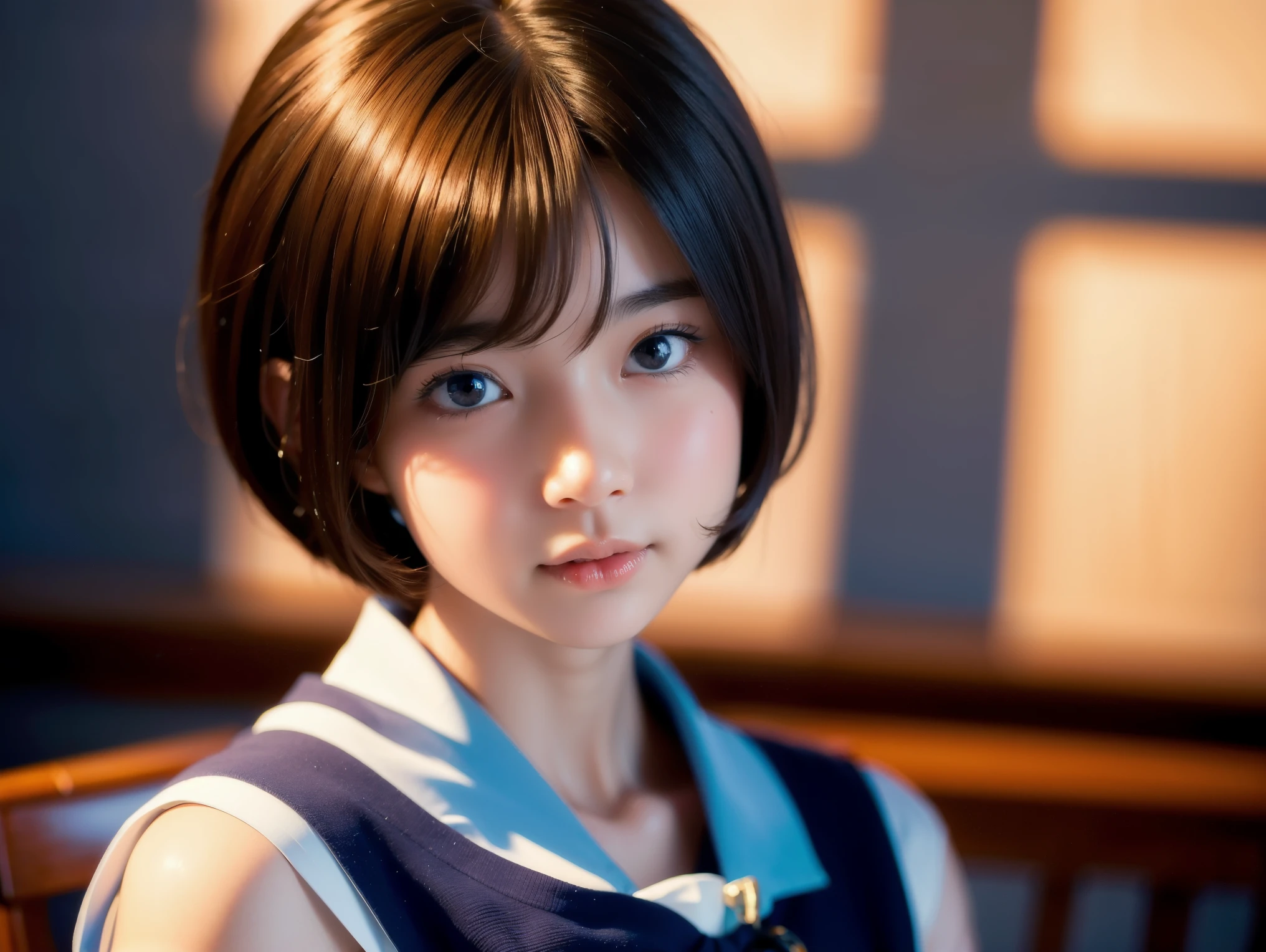  top quality ,  face focus,  soft light,  super high res, ( photo realistic:1.4),  RAW photos ,  1 Japanese Girl , solo, cute, ( smile shyly :0.5), ( brown eyes,  light in the eyes ),  detailed and beautiful face, ( small breasts), ( high resolution details of human skin texture), ( short bob hair), break, In the classroom,  navy blue sailor suit , vest,  skirt