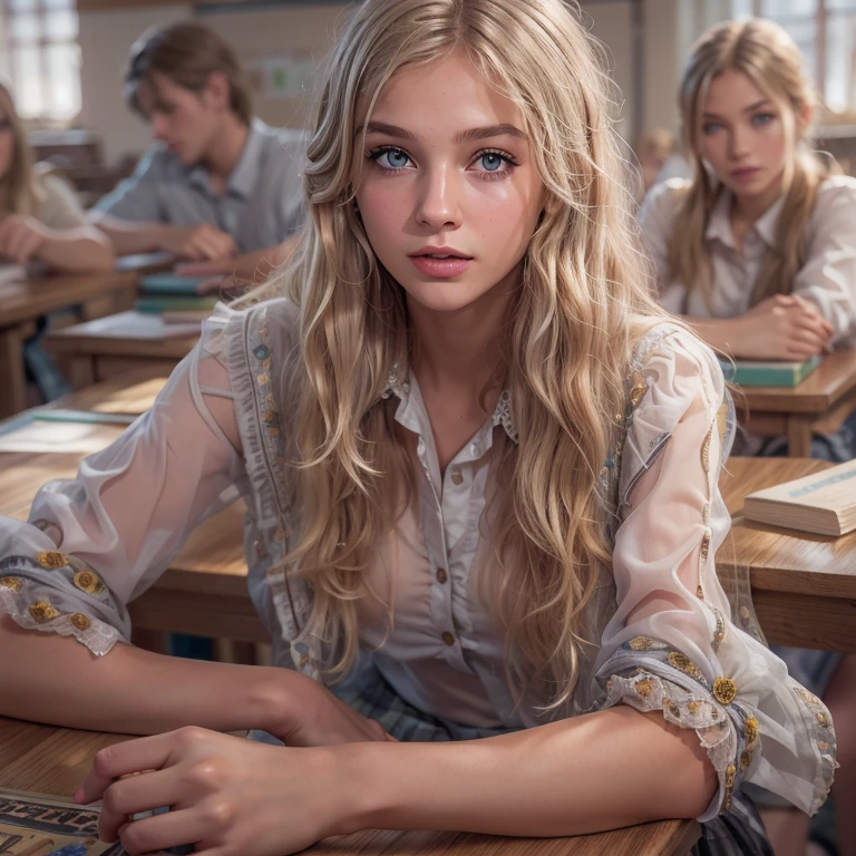 (Sienna), Masterpiece, a ********** girl with long blonde hair, wearing a shirt and pleated skirt, in a classroom, (best quality, high quality), hyperdetailed, highres, high detail, intricate detail, HDR, 8k, sharp focus, detailed background, perfect hands, realistic eyes, detailed skin texture, (blush:0.5), (goosebumps:0.5), subsurface scattering, 16K, ultra high res.photorealistic, HDR, UHD, DSLR, RAW, cinematic lighting