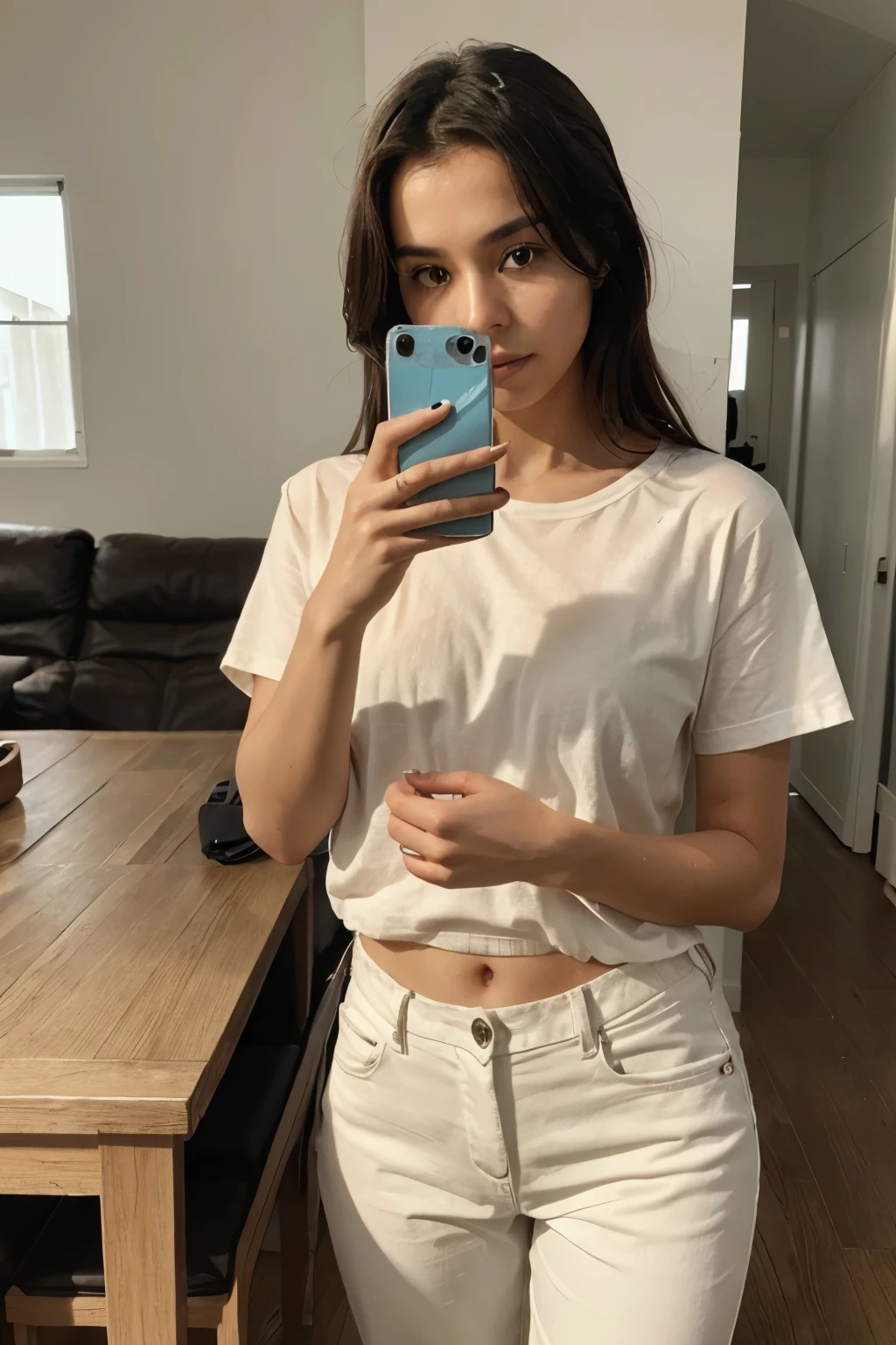 22-year-old girl taking a photo of herself in front of the mirror dressed casually with shorts and a blouse and a bedroom with a mattress in the back of a white room with furniture 