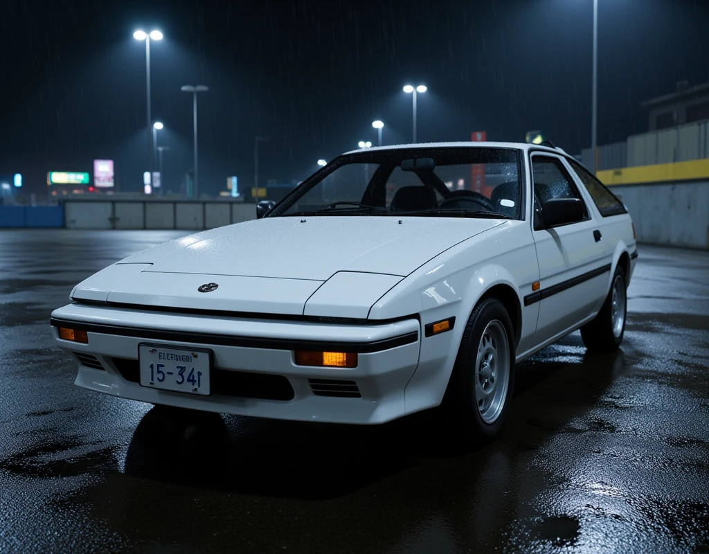   driving a white car ,  very realistic pictures :1.331, White Toyota AE-86  :1.8, ( Toyota Corolla Trueno AE-86  :1.8), "15-34"   license plate with text, The car is parked in the parking area on a rainy night, 