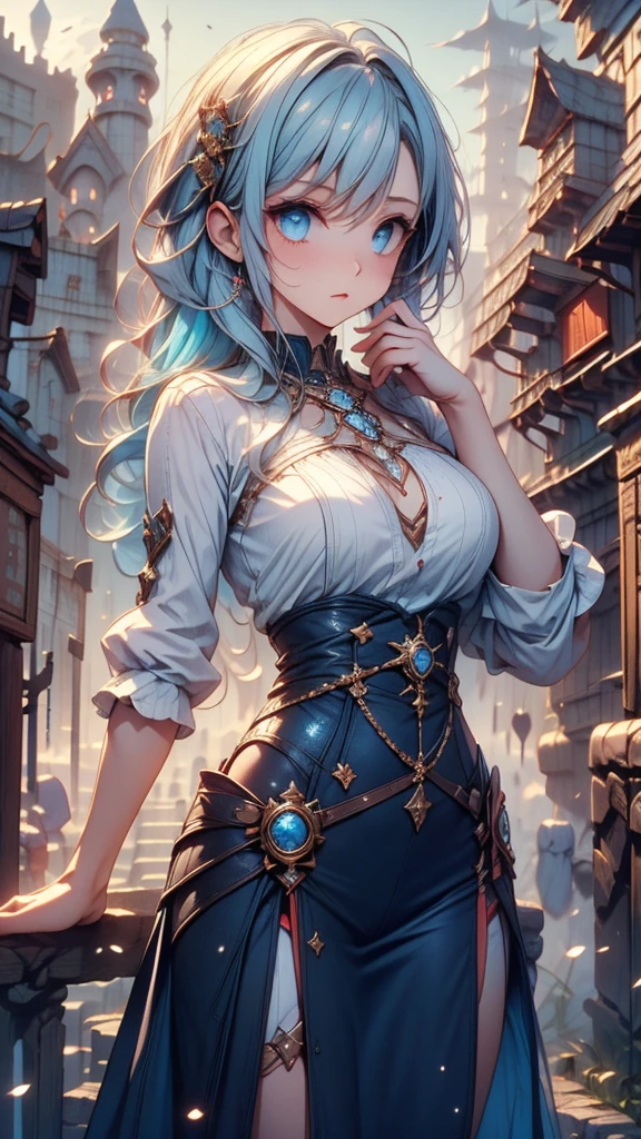 ((masterpiece)), ( top quality ), (  Details), ( 1 girl), (Internal Data Stream)  light blue gradation hair, Light blue sparkling eyes ,  straight hair that holds the top of clothes,  wearing a modern white shirt and black dress,  covered in data particles , Locked around the neck,sister, Fantastic,chest, Fantastic wizards, Magic Rim,