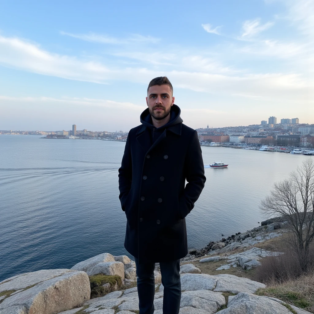 A young man have a light skin tone, a neatly trimmed beard and mustache, with short, dark hair styled short on the sides and longer on top. and a subtle, natural smile that suggests he is enjoying the moment, stands on a rugged cliff overlooking a tranquil bay in Stockholm, Sweden. The scene captures a crisp winter morning with icy blue skies streaked by soft, wispy clouds. The man wears a long black coat with neatly buttoned lapels and white sneakers. with a soft and casual fabric that appears cosy and well-fitted. The hoodie hat is pulled up and fully cover his head, framing his face gently and slightly overlapping the lapels of his long black coat. The distant cityscape across the bay glimmers with sunlight, showcasing a harmonious mix of modern towers and classic Nordic architecture. A solitary boat glides smoothly across the water, leaving a delicate wake. Bare, leafless trees and patches of moss on the rocky outcrop add an organic texture, enhancing the serene, introspective mood of the moment. (masterpiece), (best quality), (ultra-detailed background), detailed face, perfect composition, intricate details