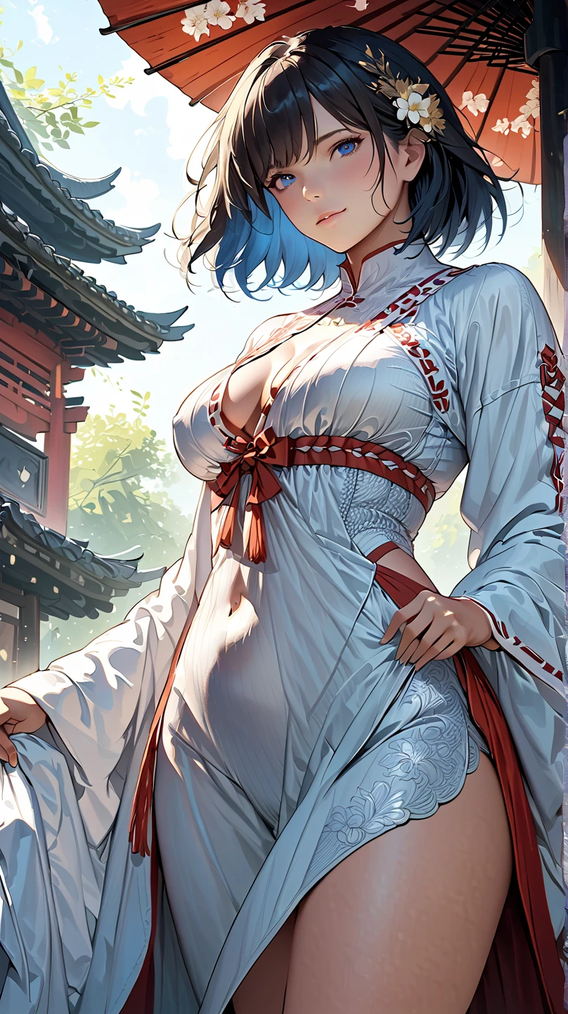 shenhe_\(genshin_impact\), hiten kei style, claude monet, oil painting, masterpiece, hyper realistic, realistic skin, best quality, 1girl, lakeside, huge breasts, huge nipples, erect nipples, looking at another, topless, full body, vector illustration, nipples, light smile, blunt bangs, long hair, stomach, navel, bare shoulders, white hair, braided, wet, soaked, raining, sarong, loincloth, black pantyhose, red tassel, magnolia leaves, autumn, sky, hands up, arched back, stretching, open mouth, bored, waterfalls, cliffs, falling leaves, resting, holding a wooden pail, wet body, pouring rain, washing her body, taking bath, arched back