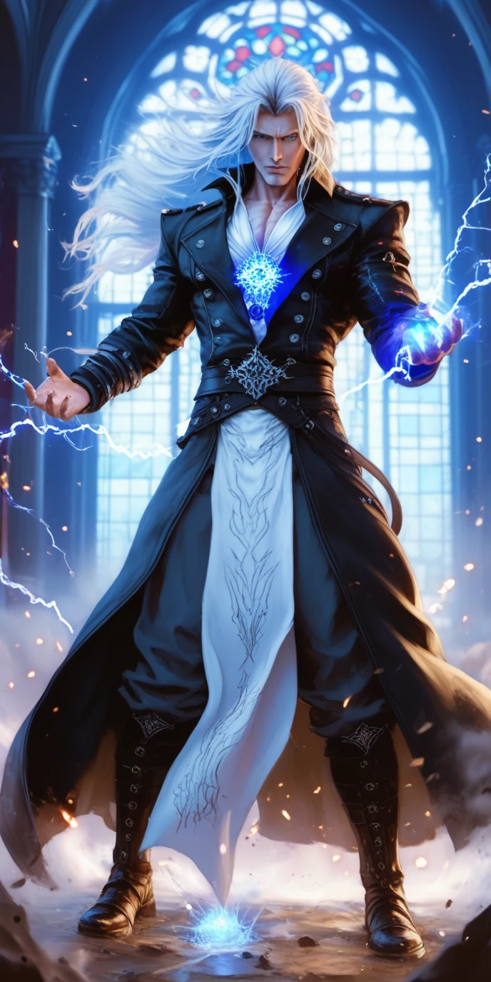 Full body, full size, Symmetrical, absurd res, high res, ultra detailed, HDR, masterpiece, extremely detailed face and eyes, sephiroth,final fantasy 7, long white hair, solo, man, handsome, Epic fight scene, black lightning effect, glowing glitters, ethereal male warrior with long silver hair flowing elegantly and piercing, framing his face, very long white hair, glowing blue eyes with very handsome face. He has an imposing presence, dressed in a dark, futuristic black leather coat and outfit with silver buckles and intricate details on the shoulders and forearms. His build is visible as his attire exposes his toned chest, with faint scars adding to his battle-worn look. The character carries a long, slender katana blade with an ornate handle, glowing subtly as if imbued with otherworldly power. His surroundings are dark and dramatic, set inside a gothic cathedral with tall stained-glass windows casting soft light, creating an eerie yet powerful atmosphere. The character exudes confidence, strength, and a villainous grace, standing in a combat-ready posture while his coat flows naturally. The image should be hyper-detailed, capturing a mix of fantasy and futuristic aesthetics, in a style similar to high-quality anime or fantasy game art,