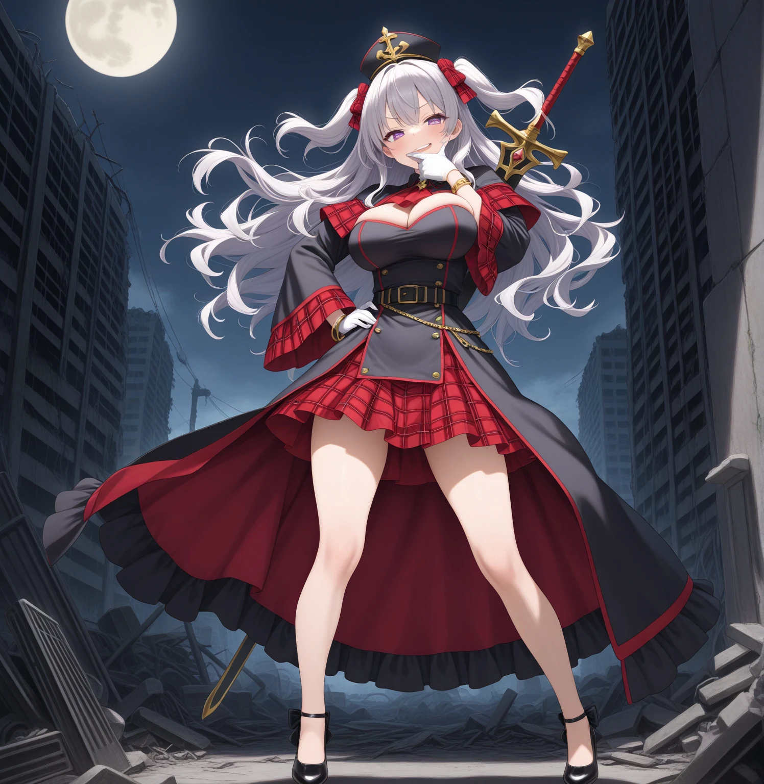 (NSFW),(masterpiece:1.2), ( top quality )、 whole body,  beautiful skin,  Super Fine,  best resolution、 girl、Baby Face、Lolita、( Silver Hair:1.1),A scornful smile、Beautiful purple eyes 、ruins、 Ruined City、 wavy hair、 Two Side Up 、(Moon barrette )、(Big Breasts:0.7)、ロリBig Breasts、  bracelet 、 flips around passers-by 、 place your hand around your mouth、( Red Check Skirt), (belt) 、( jet black dress :1.1)、ガーターbelt,   high heels 、 white gloves、 place your hand on your lower back、Standing with your legs apart、Black Sword、( with sword on back)、Bouncing Hair 、( Jet Black Robe)