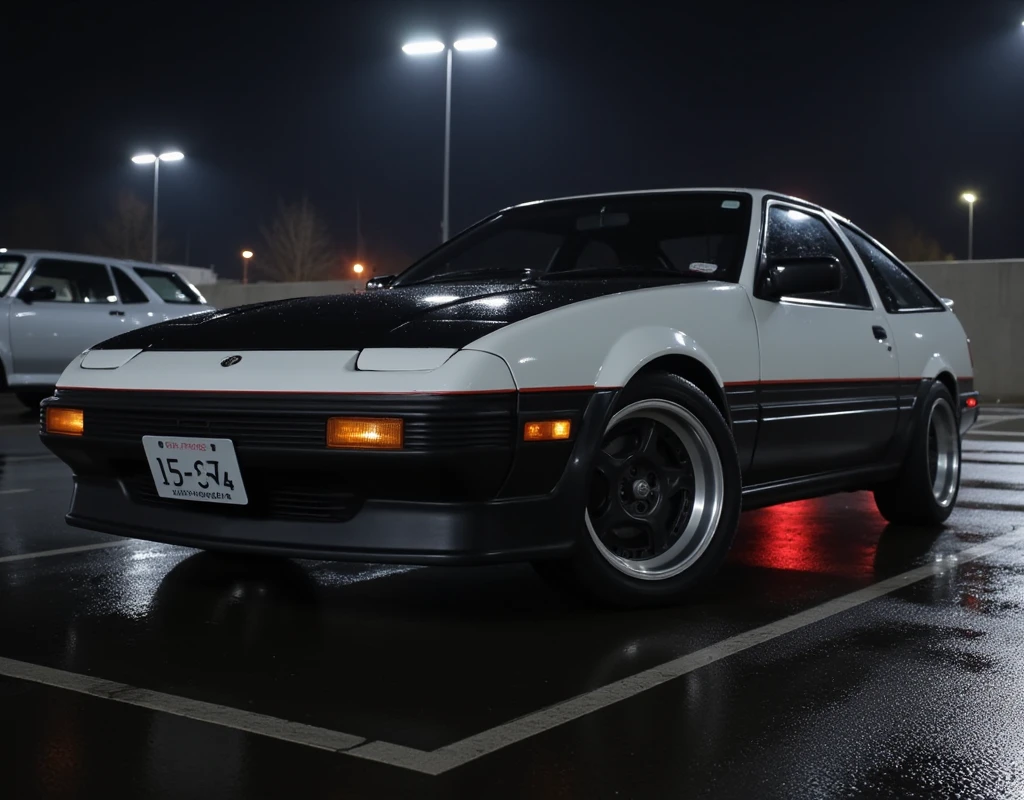   driving a white car ,  very realistic pictures :1.331, White Toyota AE-86  :1.8, ( Toyota Corolla Trueno AE-86  :1.8), "15-34"   license plate with text, The car is parked in the parking area on a rainy night, 