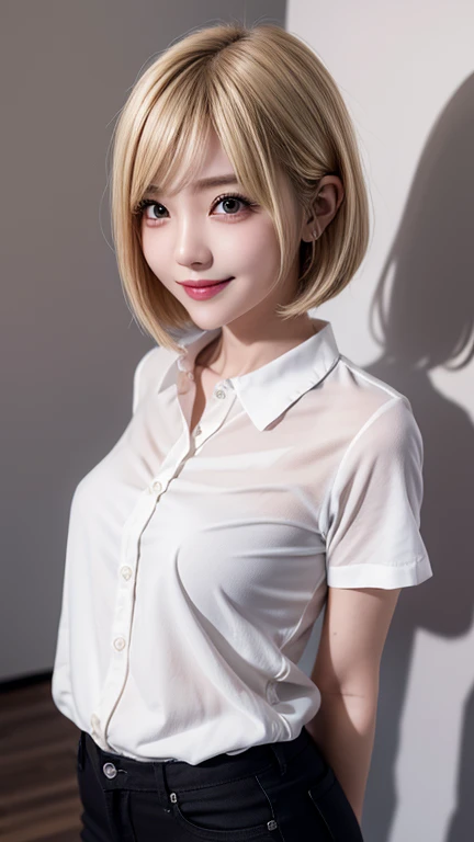 ((masterpiece:1.2、Highest quality、Tmasterpiece))、1 female、alone、classroom、Day、(Korean Idol:1.2)、(Are standing:1.4)、blonde、(Hime Hair:1.4)、Wavy Hair、Medium Hair、Beautiful feet、break、((T-Shirts、skirt、university student:1.4))、(Beautiful white skin:1.4)、(Big Breasts:1.5)、(black tights)、Hoop Earrings、lipstick、necklace、blush、smile、Covered breasts、(Thick lips:1.2)、Detailed body、Very detailed絵画, Luminism、4K resolution、3D Rendering、Exquisitely crafted , Cinematic、Realistic、Hit definition、Abstract Beauty、Approaching perfection, Pure Form, Golden Ratio、Very detailed, Digital photography, Soft natural light, 50mm lens, F1.8 Vacancies、blush、Small face、(Tight waist:1.3),(albino:1.3),(anorexia:1.3),(Sickly:1.2),(Face close-up:1.4),(Short Bob:1.2),(Date:1.2)、smile,(T-shirt shows through and bra can be seen)