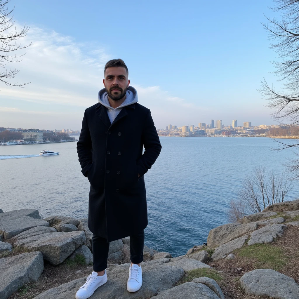 A young man have a light skin tone, a neatly trimmed beard and mustache, with short, dark hair styled short on the sides and longer on top. and a subtle, natural smile that suggests he is enjoying the moment, stands on a rugged cliff overlooking a tranquil bay in Stockholm, Sweden. The scene captures a crisp winter morning with icy blue skies streaked by soft, wispy clouds. The man wears a long black coat with neatly buttoned lapels and white sneakers. with a soft and casual fabric that appears cosy and well-fitted. the grey hoodie hat is pulled up and fully cover his head, framing his face gently and slightly overlapping the lapels of his long black coat. The distant cityscape across the bay glimmers with sunlight, showcasing a harmonious mix of modern towers and classic Nordic architecture. A solitary boat glides smoothly across the water, leaving a delicate wake. Bare, leafless trees and patches of moss on the rocky outcrop add an organic texture, enhancing the serene, introspective mood of the moment. (masterpiece), (best quality), (ultra-detailed background), detailed face, perfect composition, intricate details