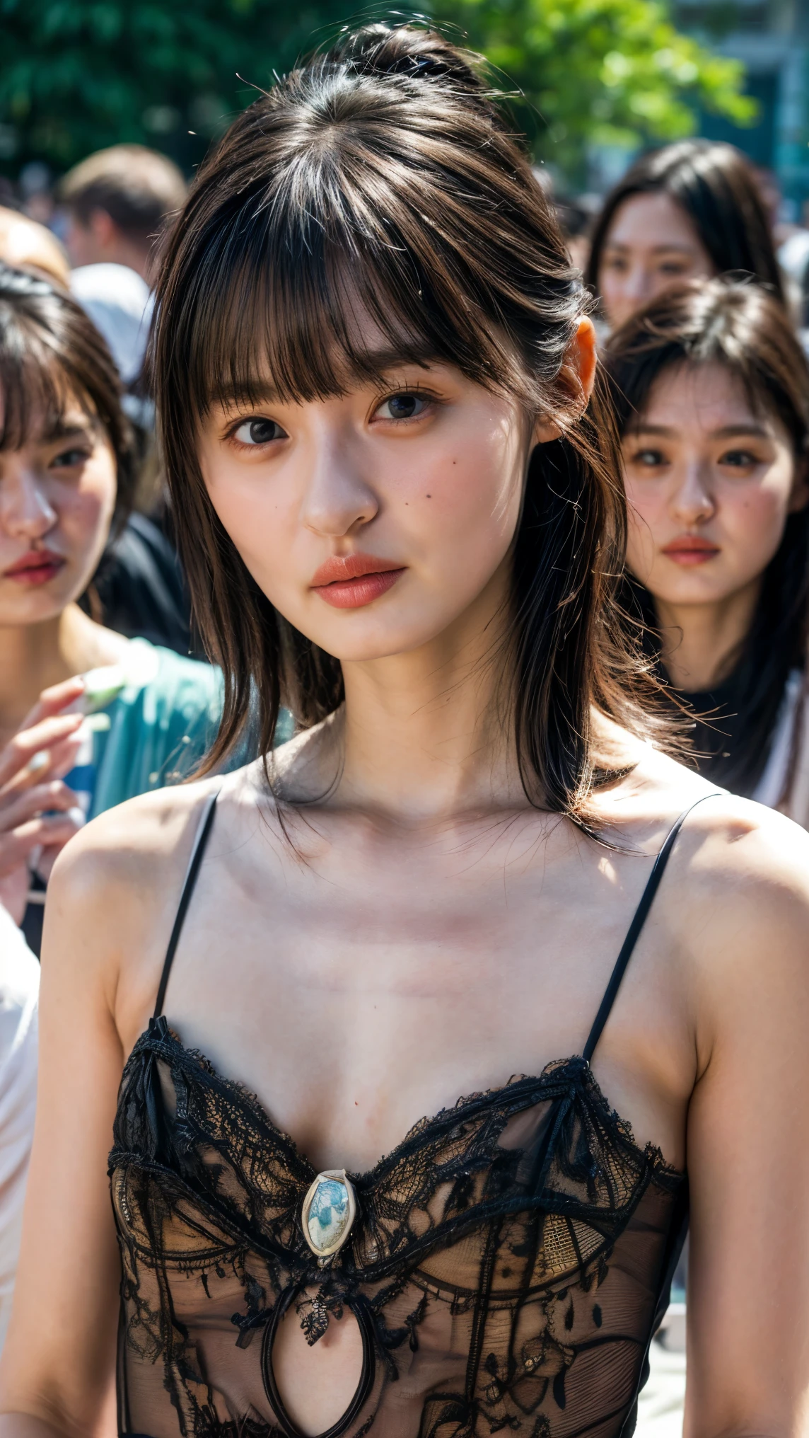 realistic, photo-realistic, masterpiece, best quality, intricate details, 1girl, edgVB, (((flat chest))), outdoors, exbitionism, surrounded by crowds nearby,
