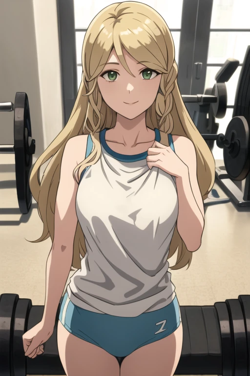 masterpiece, best quality, leanne, wings, short tank top, biker shirts, cowboy shot, smile, standing, looking at viewer, gym, lifted shirt, lifted by herself