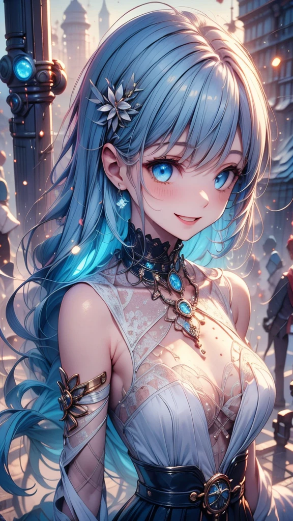 ((masterpiece)), ( top quality ), (  Details), ( 1 girl), (Internal Data Stream)  light blue gradation hair, Light blue sparkling eyes ,  straight hair that holds the top of clothes,  wearing a modern white shirt and black dress,  covered in data particles , Locked around the neck,sister, Fantastic,chest, Fantastic wizards, Magic Rim, blush,  smiles, 