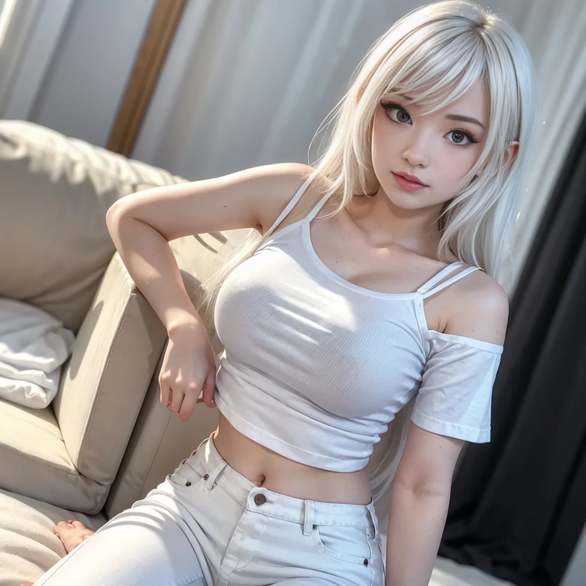 realistic, high resolution, girl, white hair, korean, blue eyes, exposed chest shirt, sports shorts, park, pale skin, sexy kneeling position. Chest leakage --auto --s2