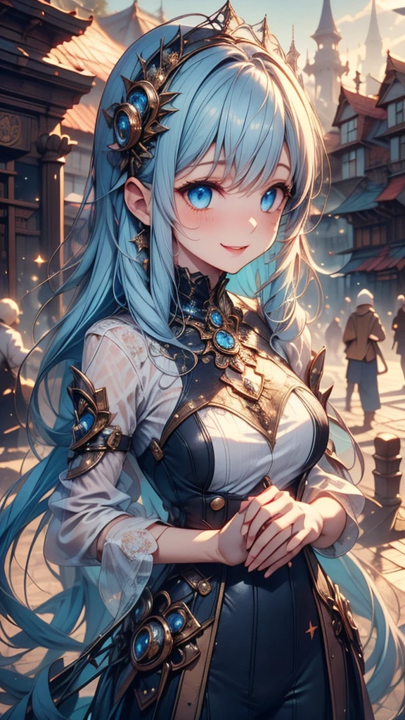 ((masterpiece)), ( top quality ), (  Details), ( 1 girl), (Internal Data Stream)  light blue gradation hair, Light blue sparkling eyes ,  straight hair that holds the top of clothes,  wearing a modern white shirt and black dress,  covered in data particles , Locked around the neck,sister, Fantastic,chest, Fantastic wizards, Magic Rim, blush,  smiles, ダイナミックなポーズ,