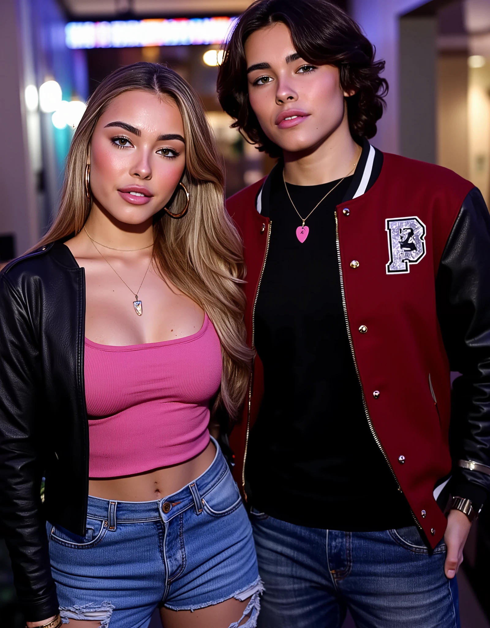 full body photo from the distance, 2 people photo shooting, college dorm, neon lights, hot, 1 thin good looking rockstar American male 25 years old with medium length curled black hair with dark red wool college jacket and black leather sleeves, with black sweater and blue jeans, small pink plectrum necklace, gorgeous woman with long blonde hair, tight pink latex shirt big boobs, black leather jacket, short jeans pants, seductively smiling, recording studio making music, high heels, sexual, jewelry, big gold hoop earrings, parted lips, midriff, pants, necklace, bracelet, lips, realistic, midriff peek, professional Photography, Photorealistic, detailed eyes, RAW, analog, sharp focus, 8k, HD, DSLR, high quality, Fujifilm XT3, film grain, award winning, masterpiece,