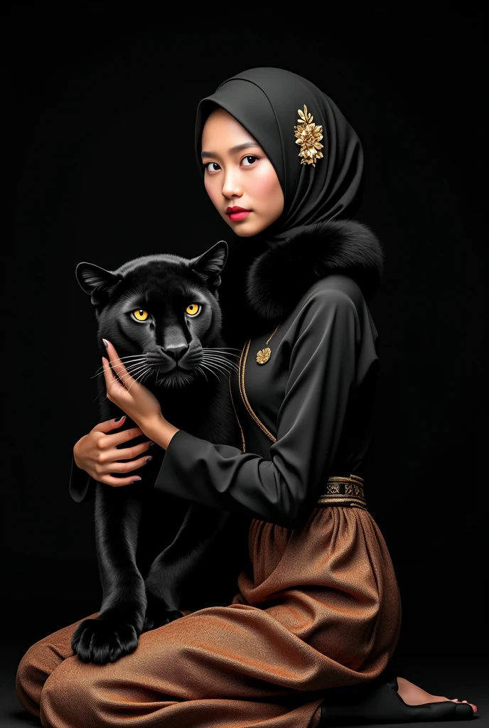 beautiful japanese woman wearing nude hijab and tanned skin, wearing designer black glitter fur coat, and loose floral turtle neck satin dress (Nude, red, gold), thick eyebrows, photorealistic, masterpiece, moncle, open coat, pouting lips, pouting, blank black background with smoke and good lighting, holding black sphinx cat with gold collar