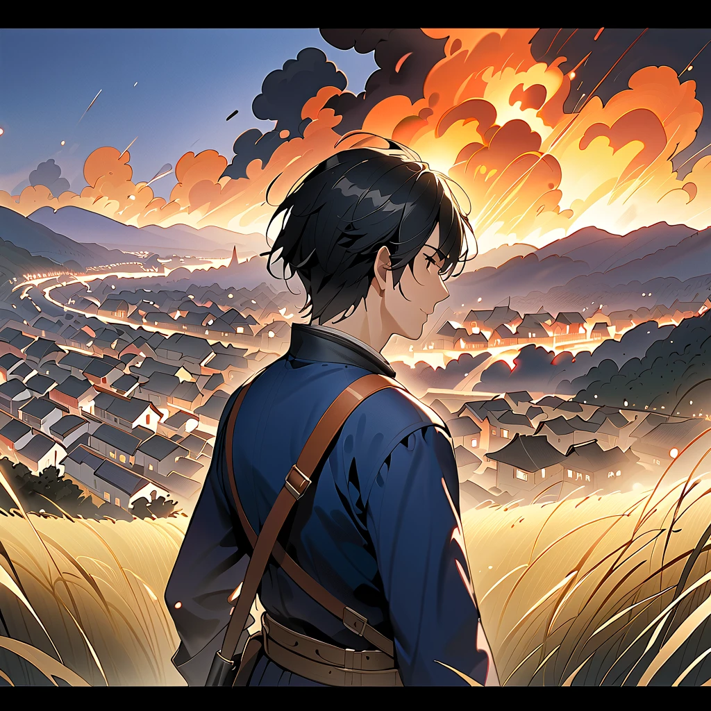    black hair,   male　、 short hair　 Snapshots、Adventurer、 back view、The village in the background、 is burning