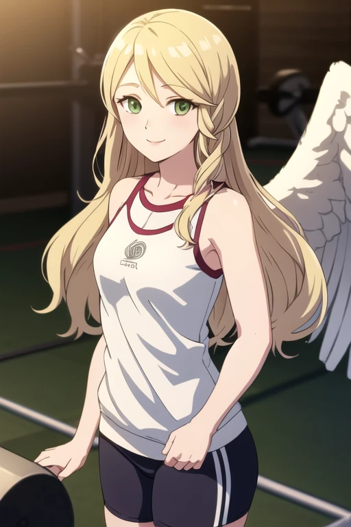 masterpiece, best quality, leanne, wings, short tank top, biker shirts, cowboy shot, smile, standing, looking at viewer, gym, working out