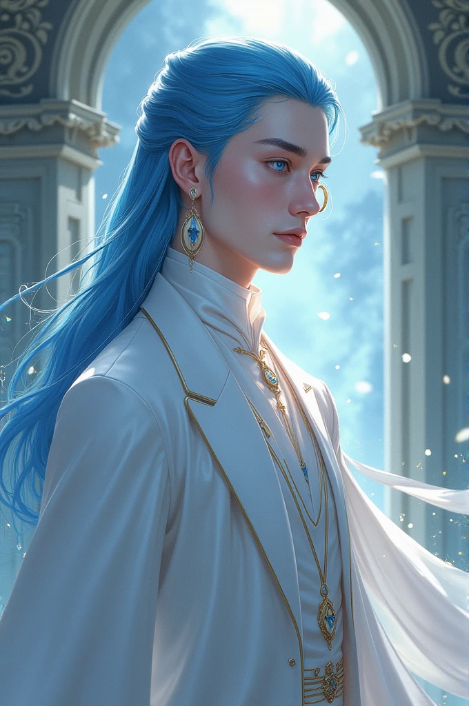 1boy,fit body, white tea, Hairstyle similar to Tamaki's, sleek long intense blue hair that reaches his back,  eyes with an intense blue iris and sapphire pupil , peerless beauty, godlike, perfect physique, perfect jawline, perfect lips, piercing red eyes, perfectly sculpted face, monocle, flawless pale white skin, the most handsome man in the world, dignified visage, exudes a regal and refined aura, wearing a simple yet elegant two-piece silk white outfit, a white suit with silver accents, a pale white silk cloak, flowing and ethereal traditional attire, serene and mystical atmosphere, fantasy-style victorian elegance in anime style, exquisite and mature manga art style, best quality, highres, ultra-detailed, ultra-fine painting, professional, anatomically correct, symmetrical face, extremely detailed eyes and face, high quality eyes, creativity, RAW photo, UHD, 8k, natural light, cinematic lighting, masterpiece-anatomy-perfect, masterpiece:1.5, torso shot, Medium shot, waist-up view.
