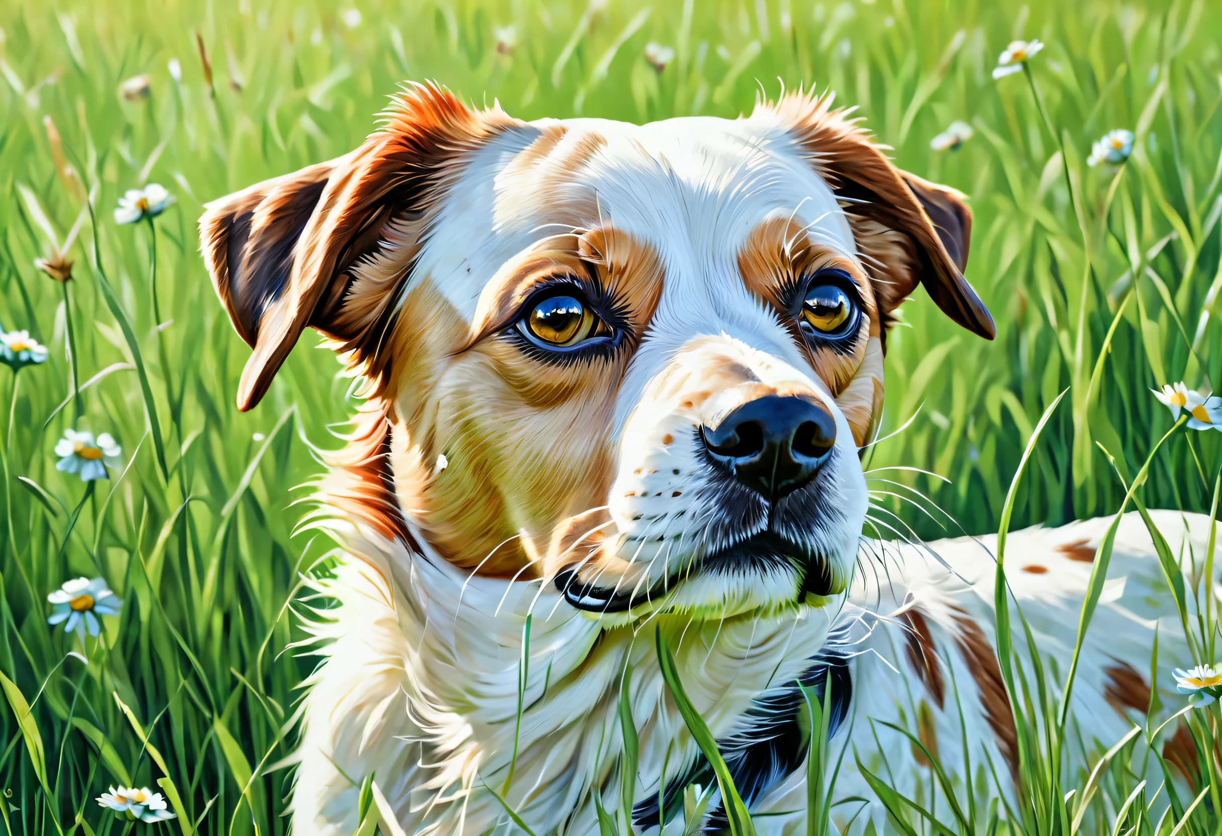 a close up of a painting of dog in a field of grass, dog, John Backduff, spot illustration, Animal paintings, x64 ,  Melissa Benson ,  detailed background,  Clear Days , Lisa Milroy,   detailed beautiful animal , Variety of animals, Clear the background of the wallpaper,  On a Bright Day , animal illustration, Silvia Dimitrova