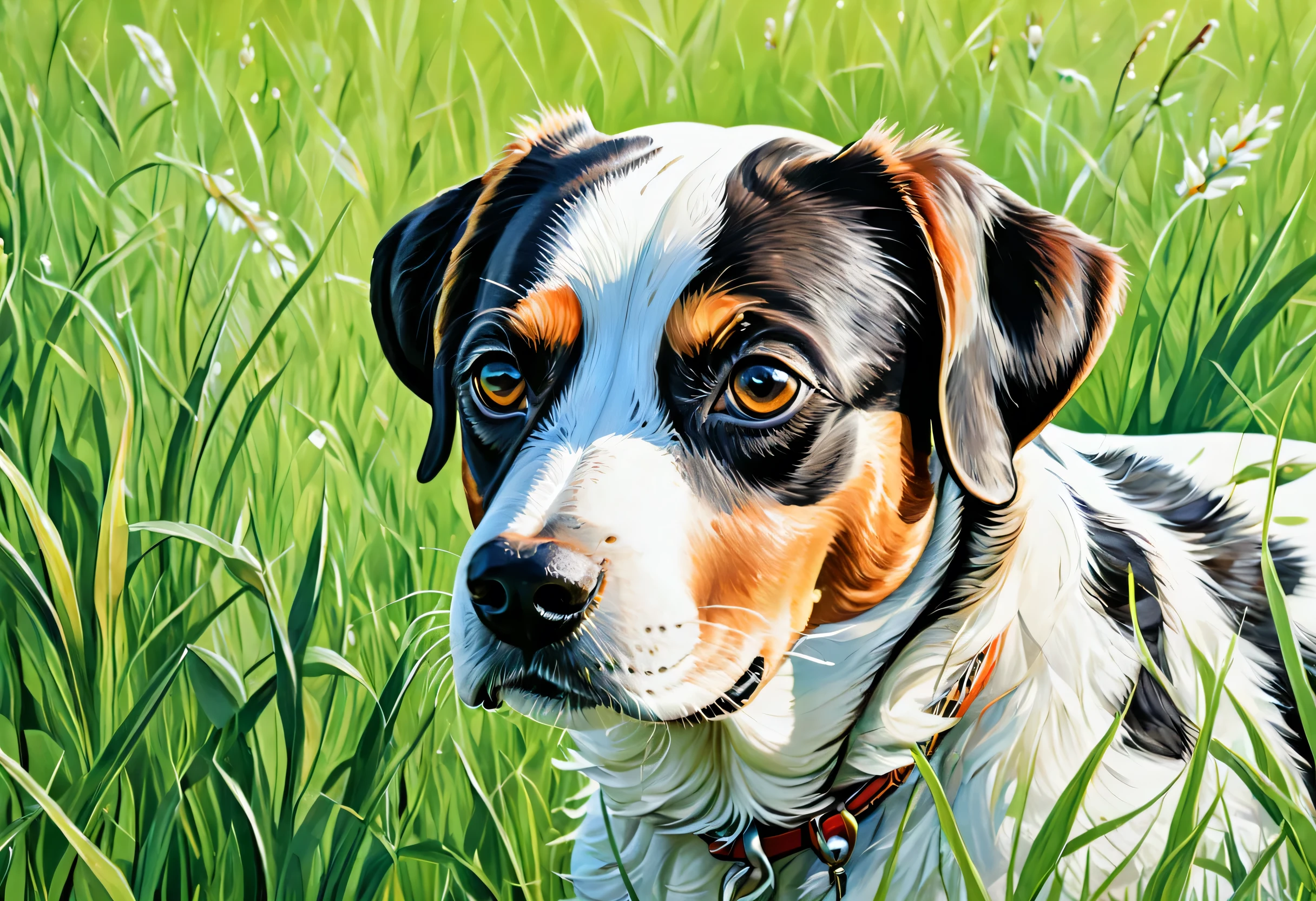 a close up of a painting of dog in a field of grass, dog, John Backduff, spot illustration, Animal paintings, x64 ,  Melissa Benson ,  detailed background,  Clear Days , Lisa Milroy,   detailed beautiful animal , Variety of animals, Clear the background of the wallpaper,  On a Bright Day , animal illustration, Silvia Dimitrova