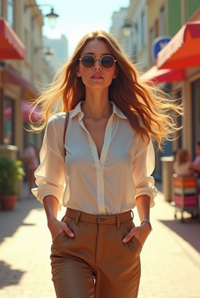 full body, long_hair, gorgeous, city girl, with Sunglasses, (thin and slender). neckline, western, (unbuttoned white shirt), (short_shorts). Hips and groin showing. slim legs. hot girl, walking in the city, (masterpiece), Best quality, high resolution, extremely detailed, blurred background, depth of field, cinematic lighting,