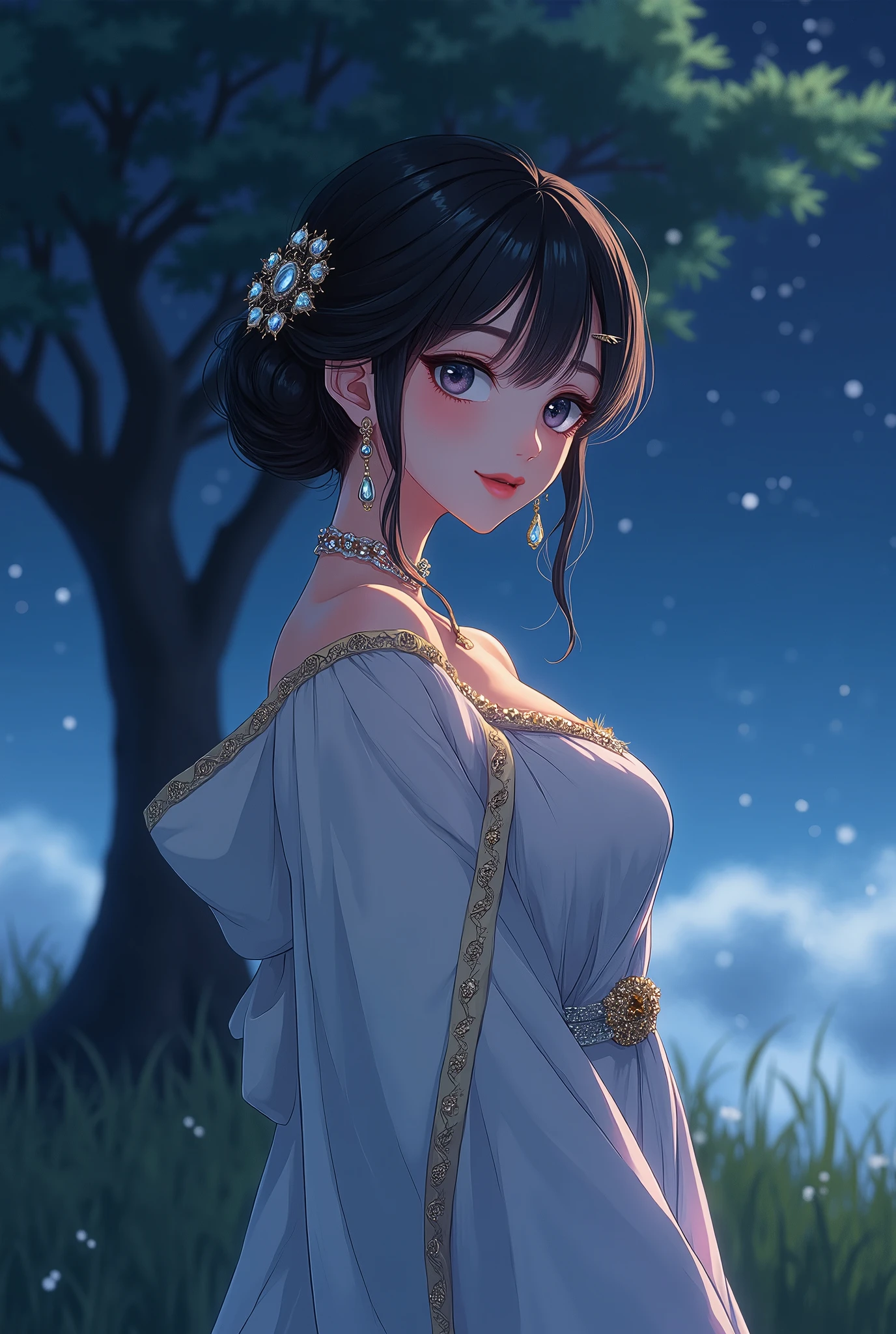 animeの彼女は華麗な美しさの女性, White skin with delicate features , A slightly pulled back angle, Heart shaped face,  Her clear, silver-like eyes ,  Long Black Lashes ,  elegant ,  cherry red lips , smile,  She has a curvy figure with a thin waist and rich breasts,  hairstyle is dark brown straight hair , earrings, necklace, Bejeweled bun, Heart shaped face opening slightly above the armeria-colored robe ,  gold details on the edge , (anime), Night Sky,  starry sky , grassland, Large tree, Thick Fog, 