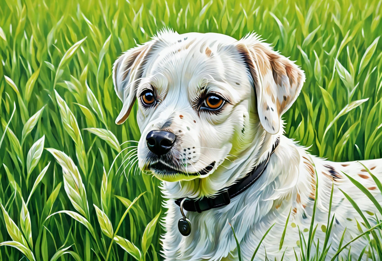 a close up of a painting of dog in a field of grass, John Backderf ,  shutterstock ,  art, dog, spot illustration, Animal paintings, x64 ,  detailed background,  Clear Days ,   detailed beautiful animal , Variety of animals, Clear the background of the wallpaper,  On a Bright Day , animal illustration, Woof Woof