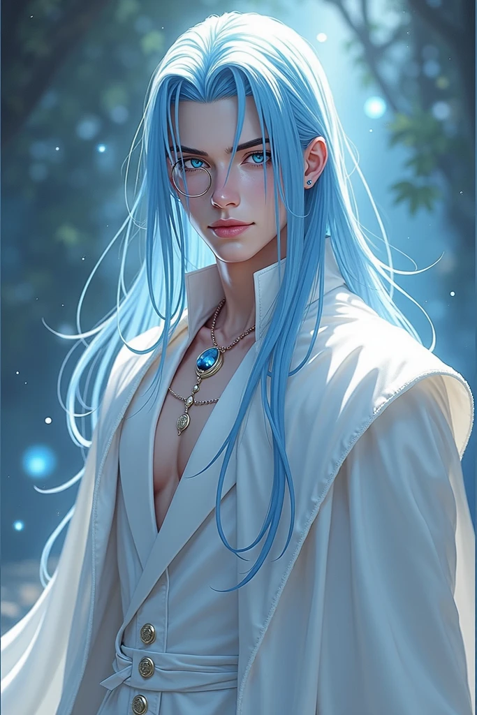 1boy,fit body, white tea, Hairstyle similar to Tamaki's, sleek long intense blue hair that reaches his back,  eyes with an intense blue iris and sapphire pupil , peerless beauty, godlike, perfect physique, perfect jawline, perfect lips, piercing red eyes, perfectly sculpted face, monocle, flawless pale white skin, the most handsome man in the world, dignified visage, exudes a regal and refined aura, wearing a simple yet elegant two-piece silk white outfit, a white suit with silver accents, a pale white silk cloak, flowing and ethereal traditional attire, serene and mystical atmosphere, fantasy-style victorian elegance in anime style, exquisite and mature manga art style, best quality, highres, ultra-detailed, ultra-fine painting, professional, anatomically correct, symmetrical face, extremely detailed eyes and face, high quality eyes, creativity, RAW photo, UHD, 8k, natural light, cinematic lighting, masterpiece-anatomy-perfect, masterpiece:1.5, torso shot, Medium shot, waist-up view.
