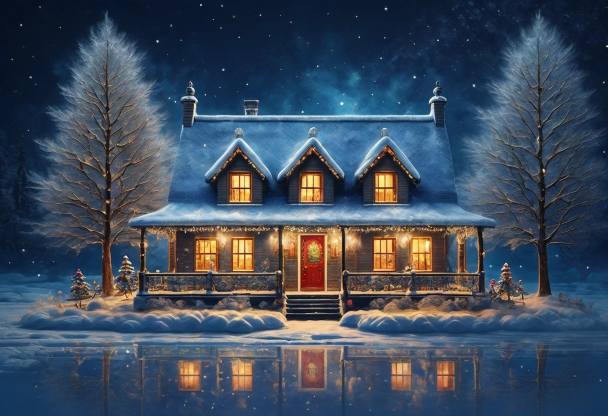 ink style, Shining Night Sky,  Magical Ride by a Reindeer Drawn on a Sleigh ,  Santa Claus, Snowy streetscape , House of Warm Light  々, An angel dances,  Decorations painted in a Starry Sky 
