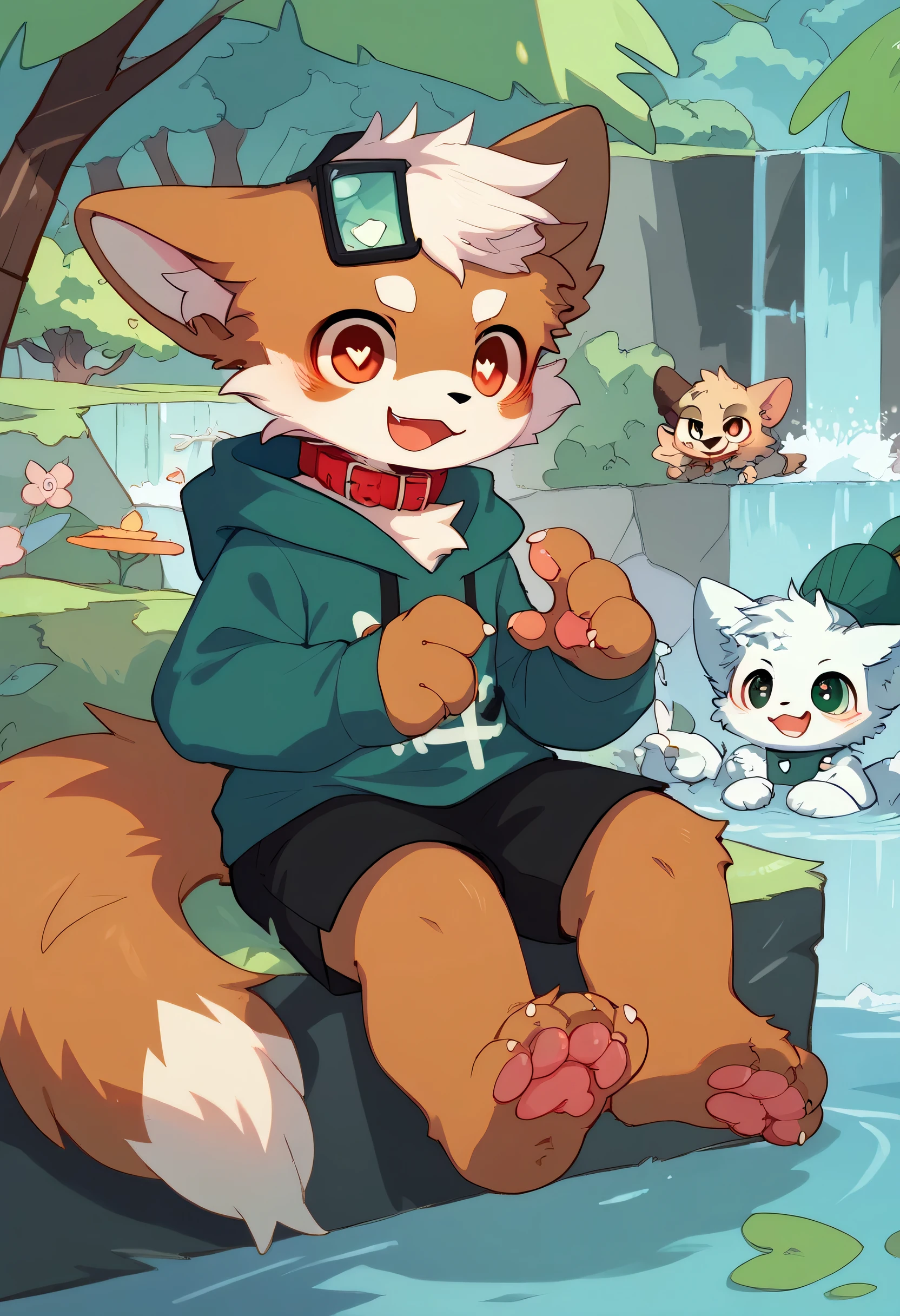   very detailedな,  very detailed,  brown fur gray hair ,male,骨 を見て excited,Heart Eye,participate, green、white、 and colorful hat ,  cute face, sitting！,Red collar,Black Ear , something like fluffy fur, excited,Horny boy,In the woods,waterfall,nature,smile,Dropped ears, my mental age   ,want,  black shorts, green and white hoodie 