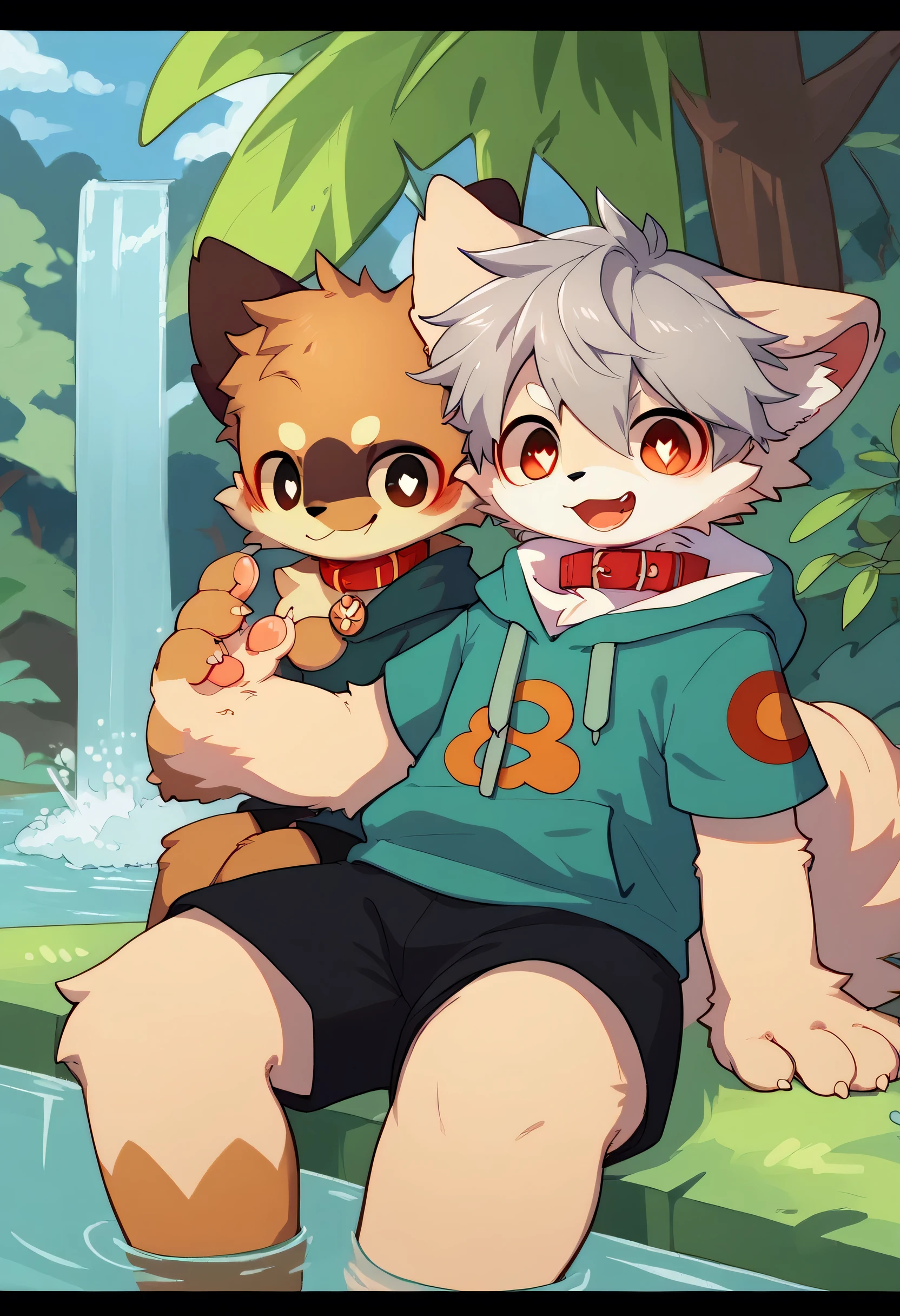   very detailedな,  very detailed,  brown fur gray hair ,male,骨 を見て excited,Heart Eye,participate, green、white、 and colorful hat ,  cute face, sitting！,Red collar,Black Ear , something like fluffy fur, excited,Horny boy,In the woods,waterfall,nature,smile,Dropped ears, my mental age   ,want,  black shorts, green and white hoodie 