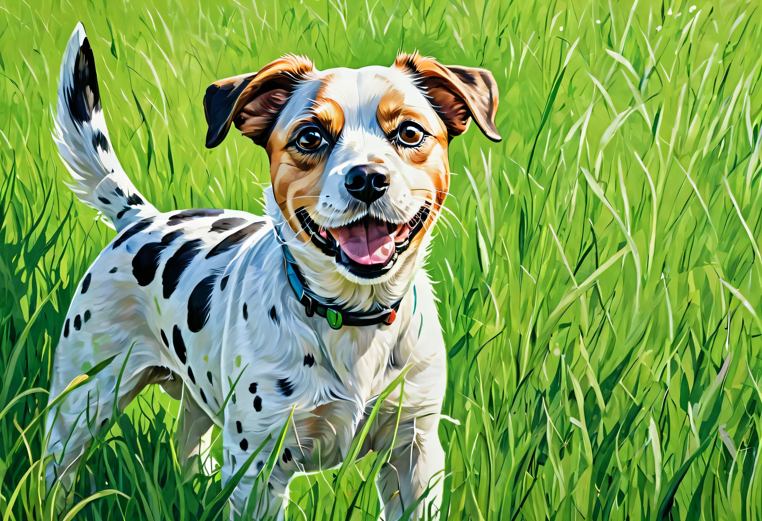 a close up of a painting of dog in a field of grass, John Backderf ,  shutterstock ,  art, dog, spot illustration, Animal paintings, x64 ,  detailed background,  Clear Days ,   detailed beautiful animal , Variety of animals, Clear the background of the wallpaper,  On a Bright Day , animal illustration, Woof Woof