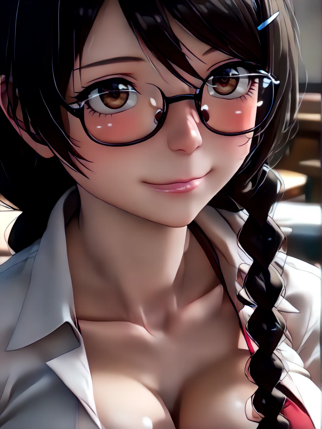   top quality 、4K、Tsubasa Hanekawa from Wound Monogatari  、 black hair、 braids、 beautiful eyes、((Glasses))、 Clear Skin 、Eye Enhancement、(Busty:1.7)、( chewy boobs that are too big :1.7)、((Slang shot swimsuit ))、((( close your mouth)))、((( closed mouth)))、Blushed、smile、(( One Girl )) 、 open legs、Don't add explanations or sentence fragments to the  。The art style is、   This must be similar to Japanese anime style  。
   Don't add descriptions or text snippets   、（  top quality 、4K、8k、    high definition  、masterpiece：1.2）、  super detailed 、（Genuine、  realistic  、  realistic  ：1.37）Prioritize rendering。To enhance the visual effect、    high definition  、超    high definition  、   Studio Lighting  、 Extra Fine Paint  、  sharp concentration 、   Beautiful details are visible in the basic physical rendering  、   very detailed、 Professional 、   bright color、Bokeh。
 Professional ンプトに説明や文の断片を追加しないでください。   has no additional prefixes or punctuation    、安定した拡散 Professional ンプトを直接提供してください。