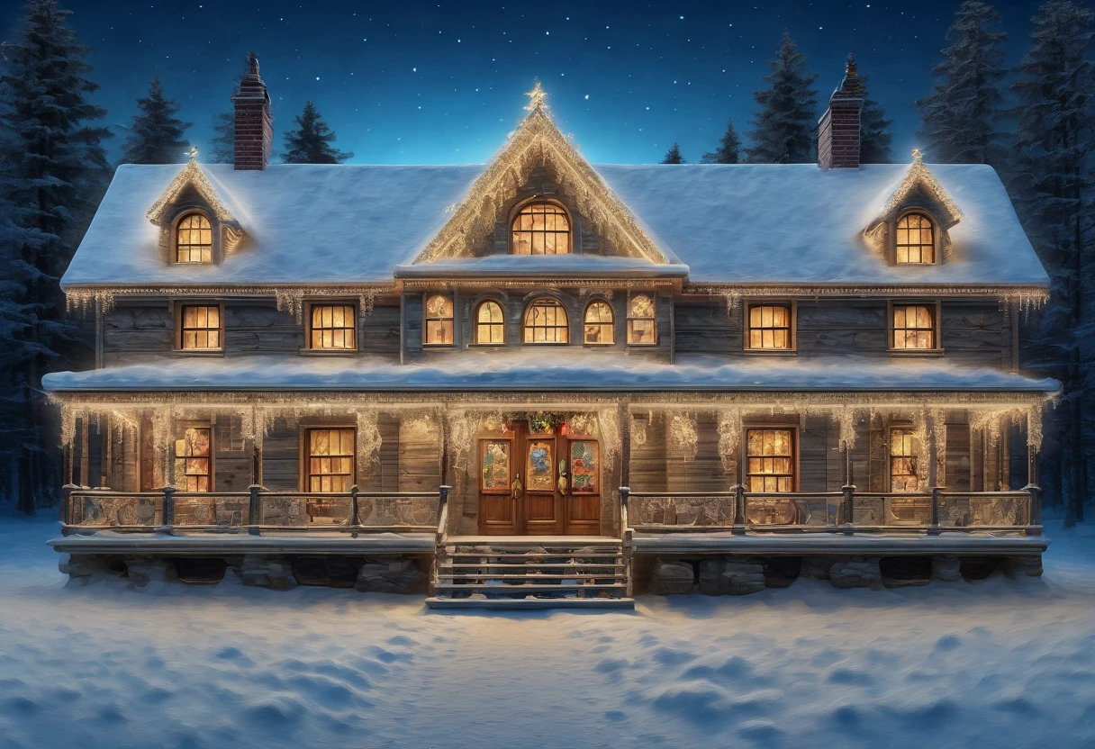 a magical sleigh drawn by glowing reindeer, santa claus, snowy cityscape, cozy warm lit houses, angels dancing, celestial ornaments in starry sky, (best quality,4k,8k,highres,masterpiece:1.2),ultra-detailed,(realistic,photorealistic,photo-realistic:1.37),intricate ink painting style,glowing night sky,detailed facial features,beautiful detailed eyes,beautiful detailed lips,extremely detailed eyes and face,long eyelashes