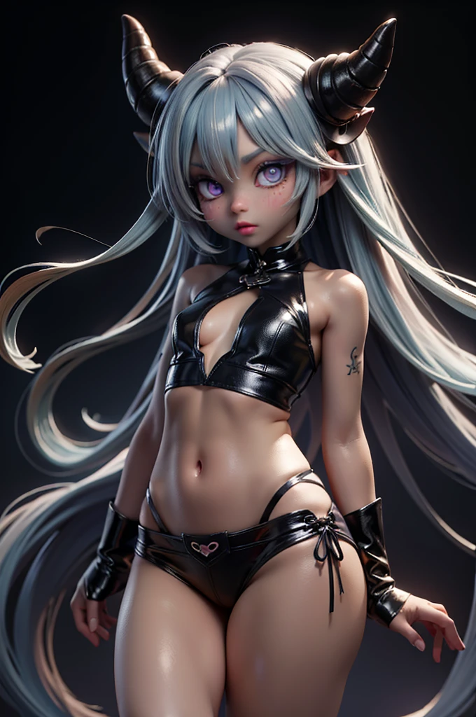 ((ultra realisitic)), ((picture-perfect)), ((face perfect)), ((ultra detaild)), ((fully body)), ((perfectbody)), a girl in a , demon girl with tail and horns, jiraikei, choker, rings, Ear Body Piercing, piercing no nariz, black eyes, red and black hair
