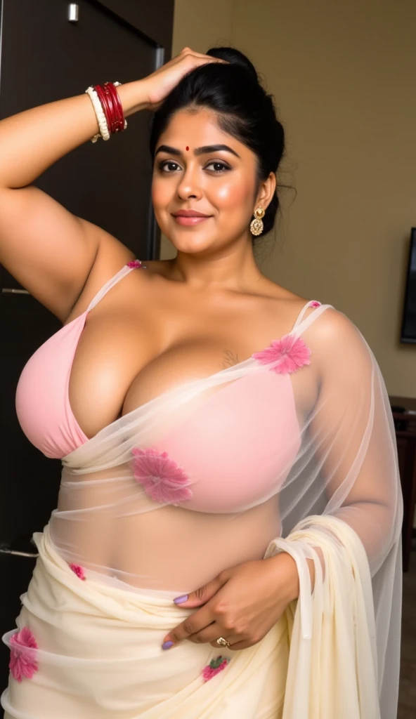 Indian beautiful woman sexy bhabhi, Hands on head showing dark armpits,Copper colour strapless Sleeveless blouse,very deep cleavage,curvy plus size model wearing transparent white pink floral color saree ,Copper colour satin glossy strapless sleeveless blouse, plenty of red and white bangles in hand,bindi on fore head,facing to camera in standing in a bedroom  for honeymoon hands stretched up showing dark hairy armpits ,curvy plus size figure,big large m-cup breasts, deep cleavage, huge breasts, side bun hairstyle, bright eyes, thin eyebrows, fair skin, blushing cheeks, prefect ,head to thighs view, head to thigh view, bright sunlight,1girl, solo, flirt, seduce pose, pleasure expression, languid breathing,1girl, Solo, High Resolution, Long Hair, Breasts, Looking at viewer, Blush, Smile, High Resolution, Masterpiece, Accurate, Anatomically Correct, Award Winning, Best Quality, Detail, HD, High Details, High Quality, Quality, Retina, Super Detailed, Textured Skin, UHD, Long Hair, Breasts, Large breasts, Earrings, Blush, Smile, Blurry, Perfect hands,Sparkle, Depth Of Field, Motion Lines, Foreshortening, Lens Flare, Backlighting, Emphasis Lines, Motion Blur, Silhouette, Speed Lines, Bokeh, Film Grain, Drop Shadow, Diffraction Spikes, Bloom, Caustics, Vignetting, Scanlines, Overexposure, Optical Illusion, Chiaroscuro, Image Fill, Chromatic Aberration Abuse, Cinematic Lighting, God Rays, Glowing Light, Halftone, Abstract, Ukiyo-e, Minimalism, Impressionism, Minimalism, Illustration, Art Deco, 8K Octane, 3D Rendering, Abstractionism, Abstract Expressionism, American Propaganda Poster, Anime Style, Apocalypse, Art Nouveau, Baroque, Artistic, Baroque, Behance, Blind Box Toy Style, Standing at the award function posing for paparazzi.