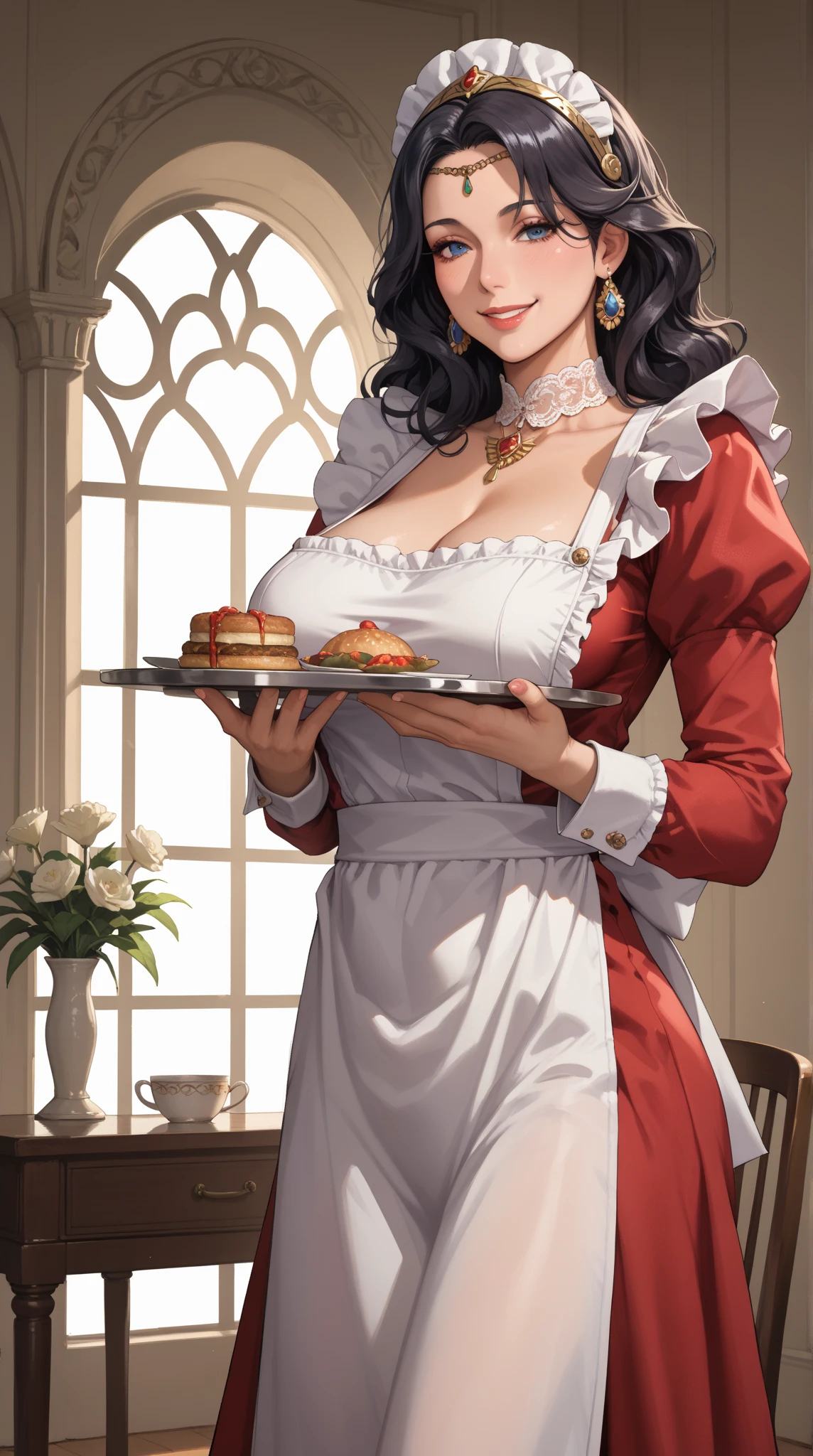 core_9, score_8_up, score_7_up, score_6_up, BREAK 1woman, black skin, black hair with white streaks, older female, big breasts, wearing butler outfit, in a dark castle, smirking, holding plate, one hand on hip