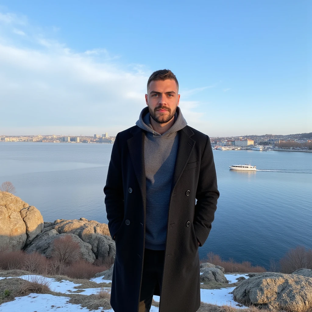 A young man have a light skin tone, a neatly trimmed beard and mustache, with short, dark hair styled short on the sides and longer on top. and a subtle, natural smile that suggests he is enjoying the moment, stands on a rugged cliff overlooking a tranquil bay in Söderström, Stockholm. The scene captures a crisp winter morning with icy blue skies streaked by soft, wispy clouds. The man wears a long black coat with neatly buttoned lapels and white sneakers. His vintage grey hoodie on his head is a deep grey colour, with a soft and casual fabric that appears cosy and well-fitted. The hood is pulled up over his head, framing his face gently and slightly overlapping the lapels of his long black coat. The distant cityscape across the bay glimmers with sunlight, showcasing a harmonious mix of modern towers and classic Nordic architecture. A solitary boat glides smoothly across the water, leaving a delicate wake. Bare, leafless trees and patches of moss on the rocky outcrop add an organic texture, enhancing the serene, introspective mood of the moment. (masterpiece), (best quality), (ultra-detailed background), detailed face, perfect composition, intricate details