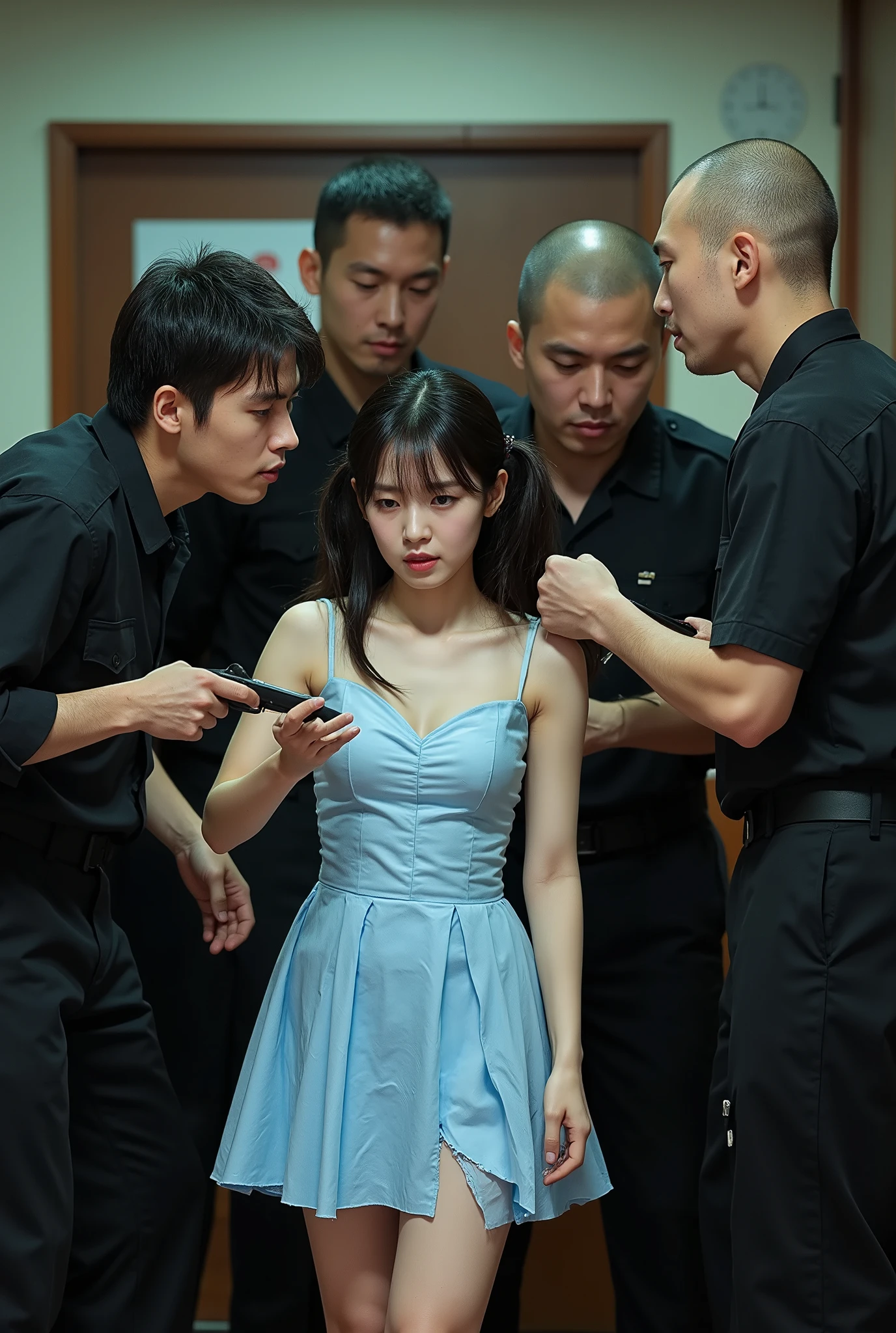 (NSFW), dynamic,
realistic, Press photo, Documentary Technique, Very clear image,HDR,
(full body visible:1.5), 

1girl, 3guy,

A Korean beauty idol is captured by a korean gang and surrounded by men who look like they're ruthless,
The girls are smaller than the guys, and didn't even reach the men's shoulders,
the girl is teen,
The girl's skin is translucently white,
the girl's hair is pur black twintails,
her name is Arin,

A man with a shaved head, a muscular man, a man wearing a thick necklace of bacteria,
a man has tattoo,
Men have horrible looks,
Men despise girls,
Men are criminals,
Men are crazy,
Men are sadists,
The men threatened the girl with knives and guns,

Rough men,
the men are treating the girl roughly,
The girl's costume is a light blue mini dress,
The girl's dress is sleeveless,
the girl's dress is torn litle,
the girl is terribly frightened,
The girl's eyes are wide with fear,
The girl is frightened, cowering,
the girl trembling looking up at the men,
The girl is treated like a slave,
The girl was subjected to violence,
the men assaulted her,
The girl was hurt by the men,
Girls are men's toys,
Men gang-rape girls,
The girl was so scared that she peed herself,

gang office,