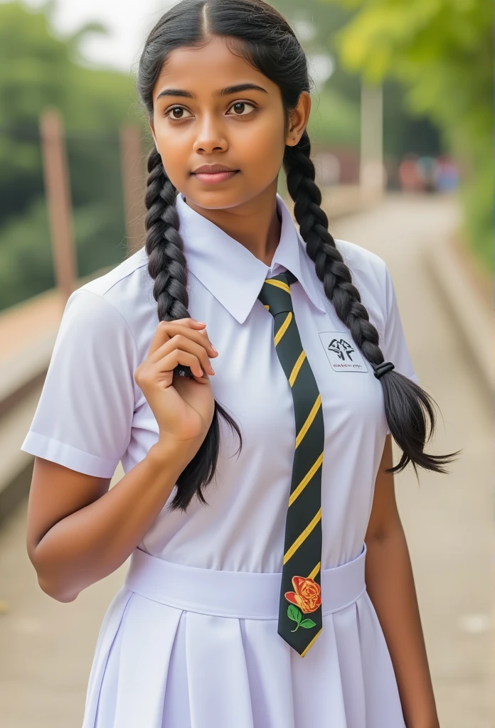 a beautiful cute sri lankan 1 ******girl looking looking sideways, wearing a white frock uniform with pockets, big breasts, white shoes, white socks, full body, braided black hair with plait, with friends, highly detailed, hyper realistic, 8k, photorealistic, masterpiece, studio lighting, cinematic lighting, vibrant colors, intricate details, sharp focus, 3d, volumetric lighting, dynamic pose