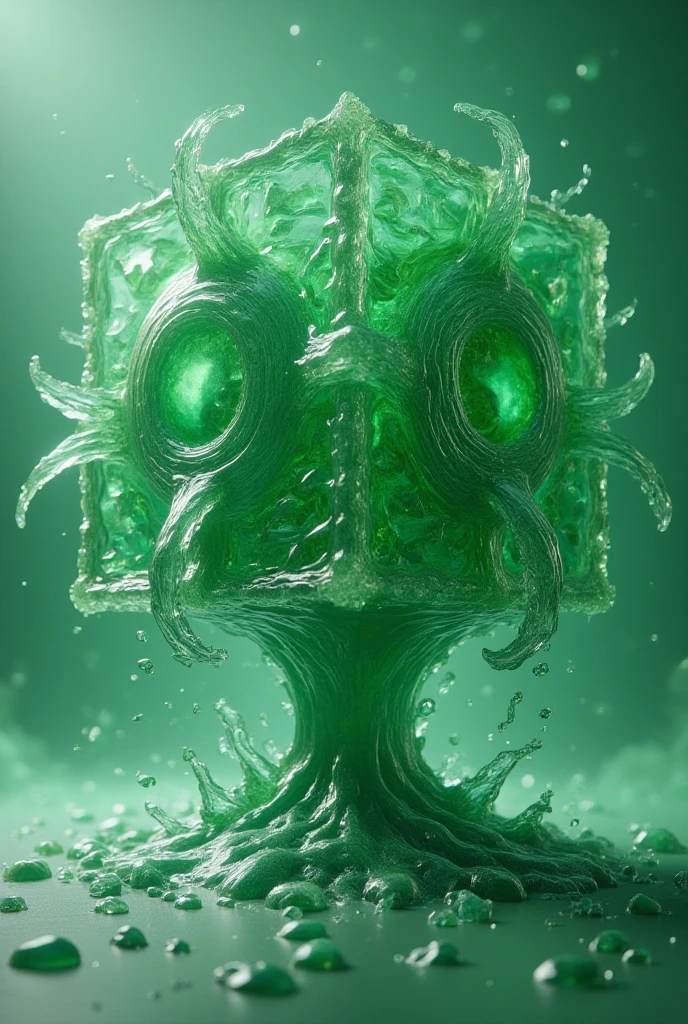 Cube of viscous green see through slime with a vagina on the center of each side, and multiple penis shaped tentacles extending from all sides.