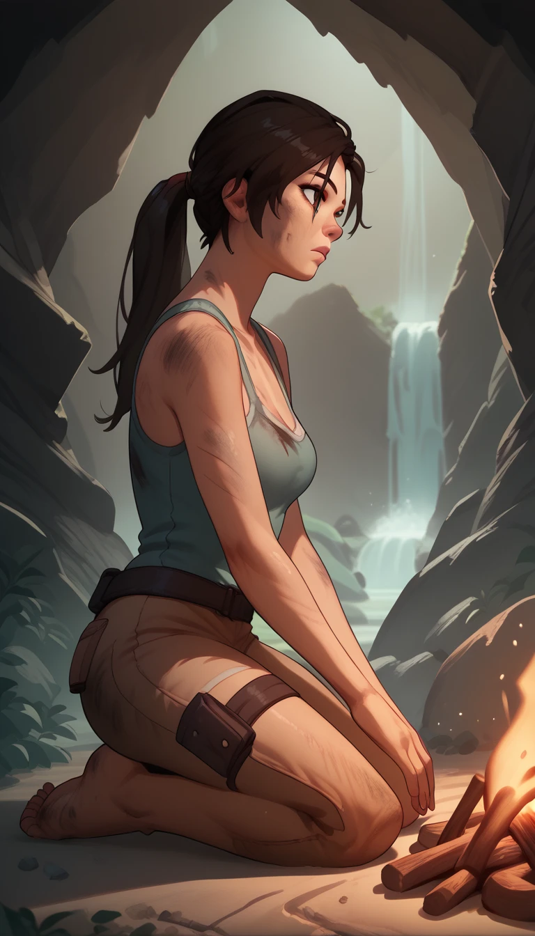 score_9, score_8_up, score_7_up, from side, laracroftk1ck1x, sexy, dirty, raideroutfit, kneeling, looking to the side, cave, campfire, waterfall, beautiful, high resolution, gorgeous,