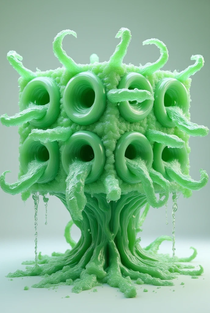 sexualized Cube of viscous green see through slime with a vagina on the center of each side, and multiple penis shaped tentacles extending from all sides.